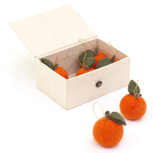 Box of 6 Felted Wool Christmas Fruit Ornaments in a Handmade Nepalese Paper Box