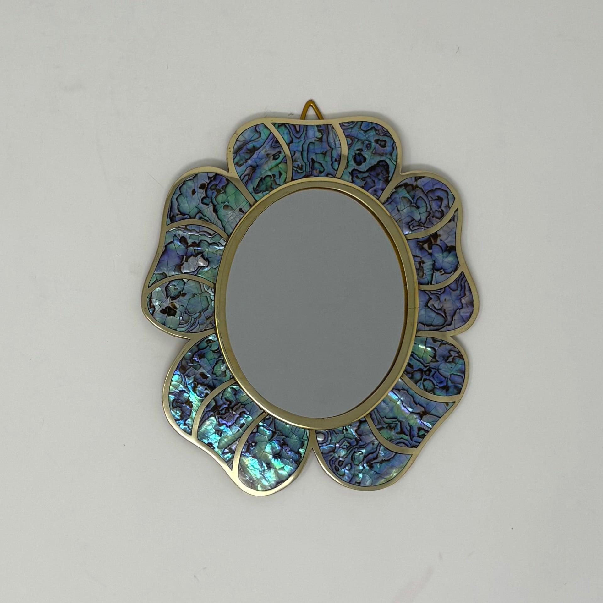 Brass and Mother of Pearl Inlay Oval Flower Shaped Mirror 6 w. x 6 1/2"h.