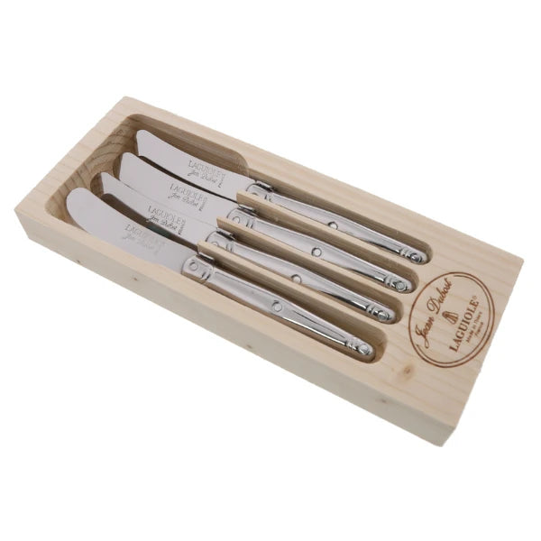 4 Spreaders Stainless Steel in an Open Wood Box