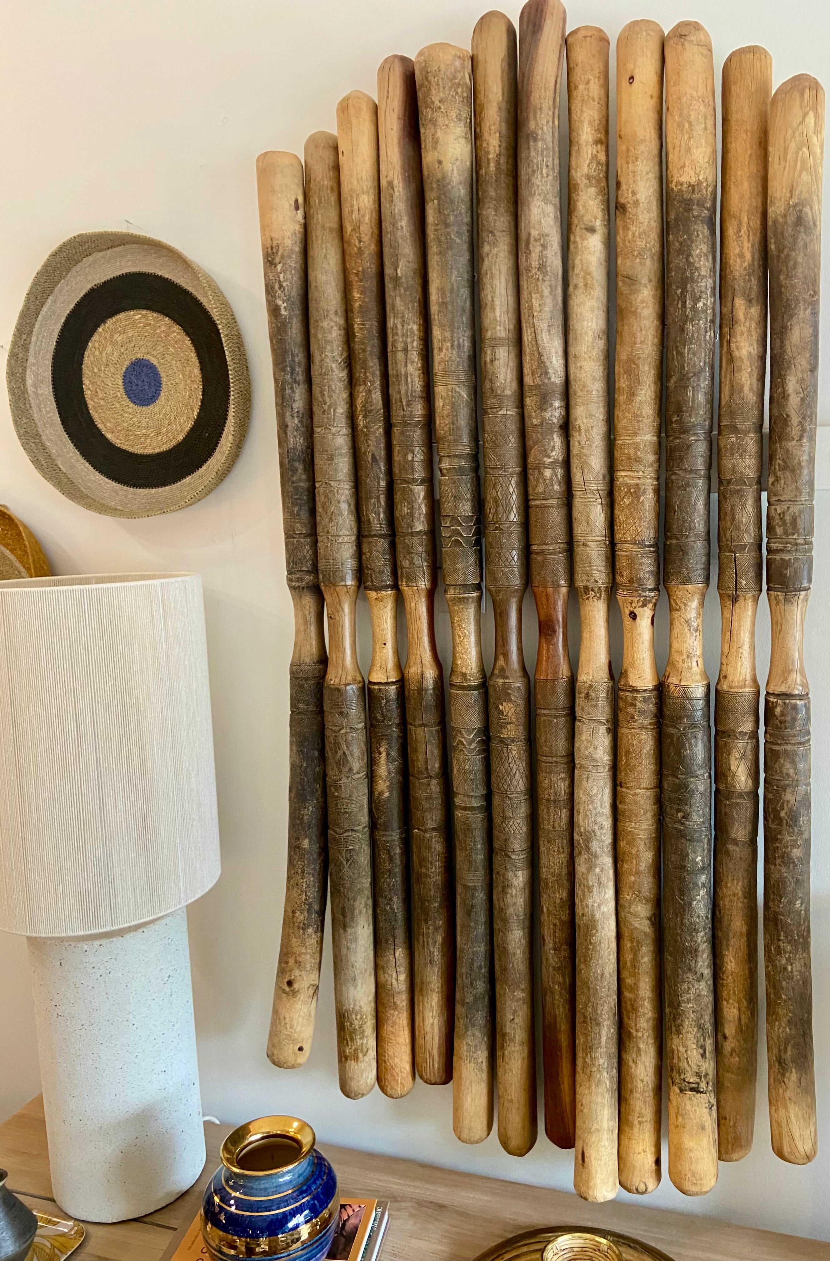 12 Piece Art Installation, Vintage African Carved Wood Grain Pounders, Niger