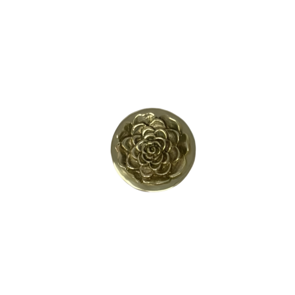 Tiny Round Mother of Pearl Inlay Brass Box with a Carved Flower Top