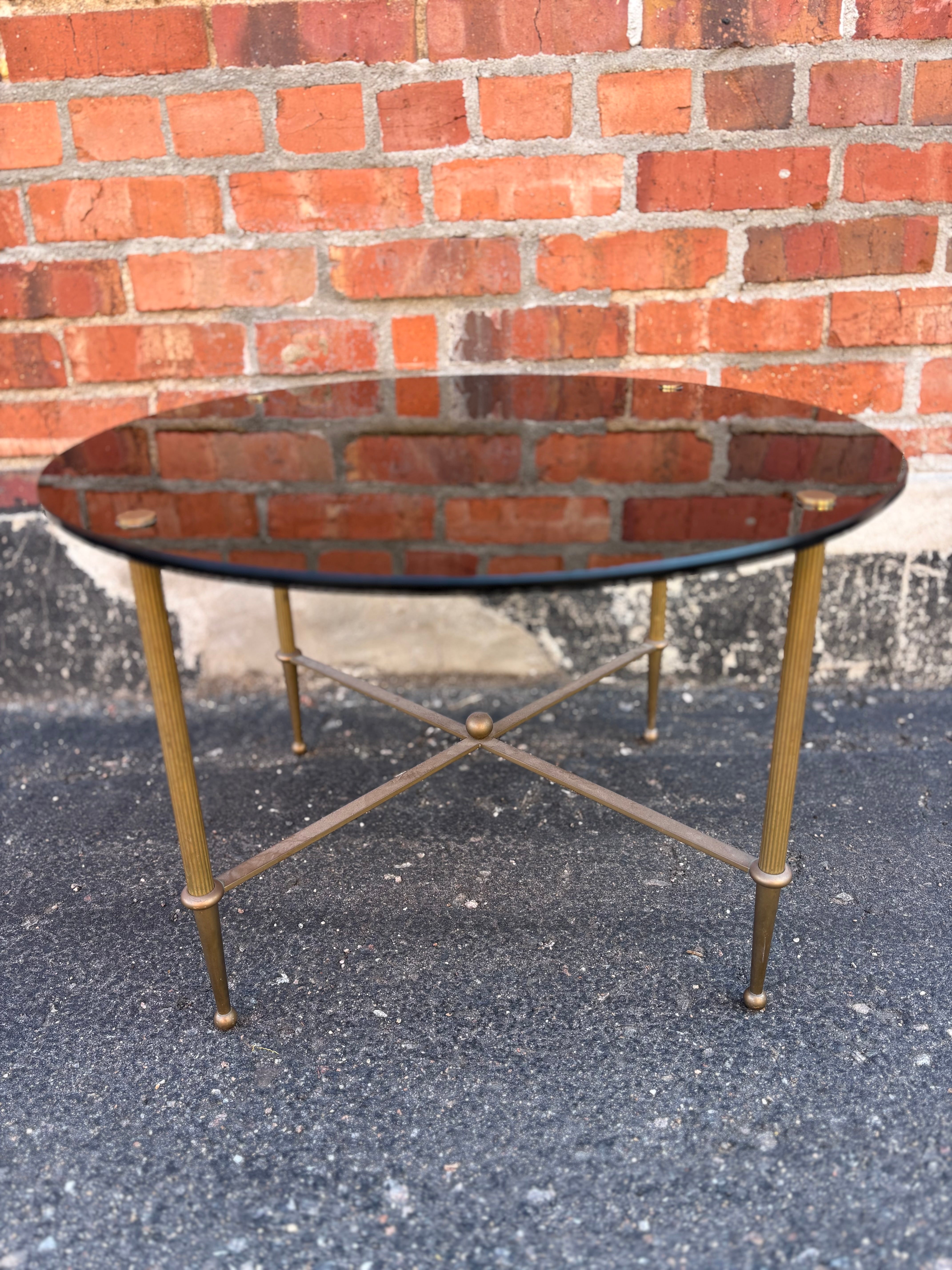 Antique Small Round Neoclassical Table, Black Glass Top/Brass Legs