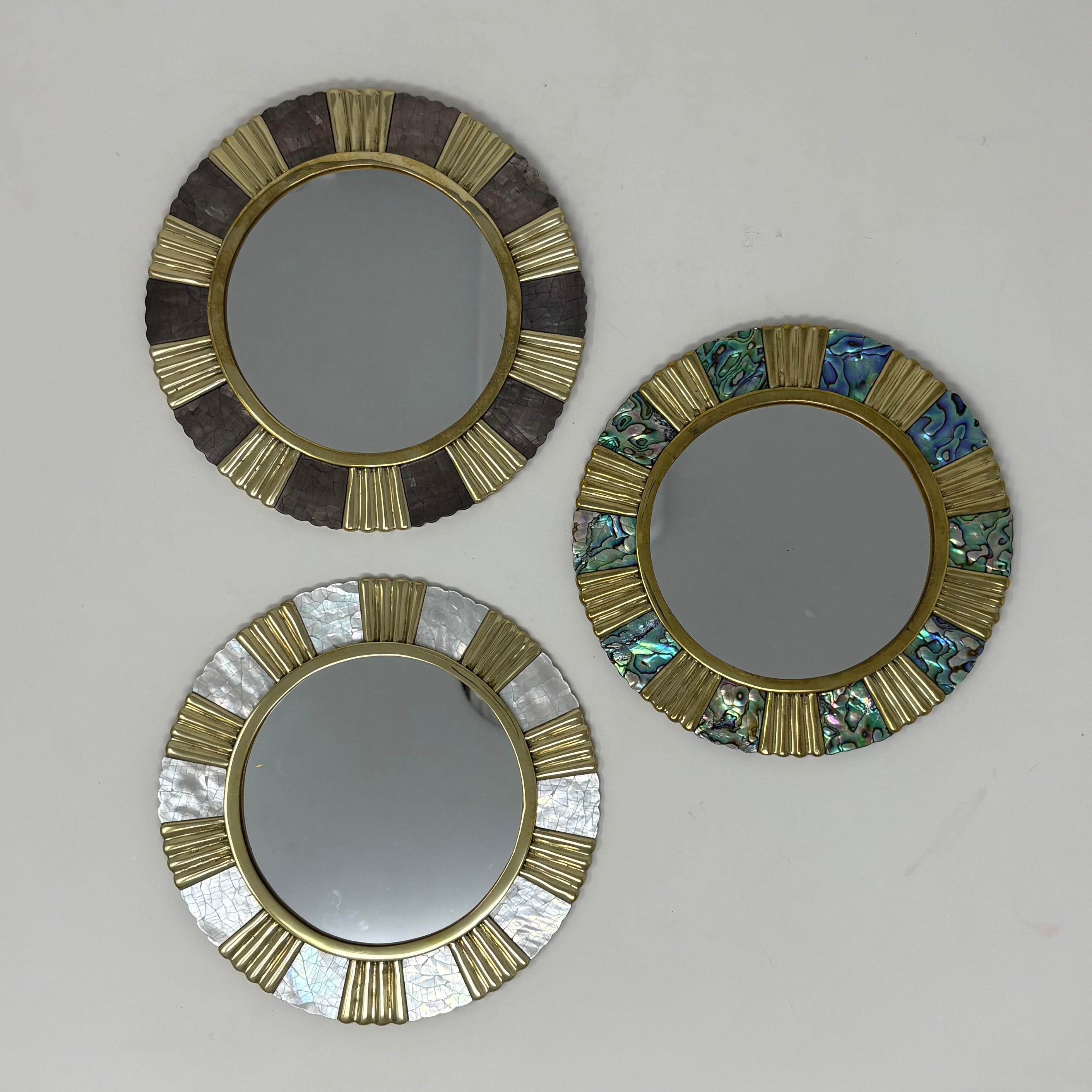 Brass and Mother of Pearl Inlay Mirror, Round 6"diameter