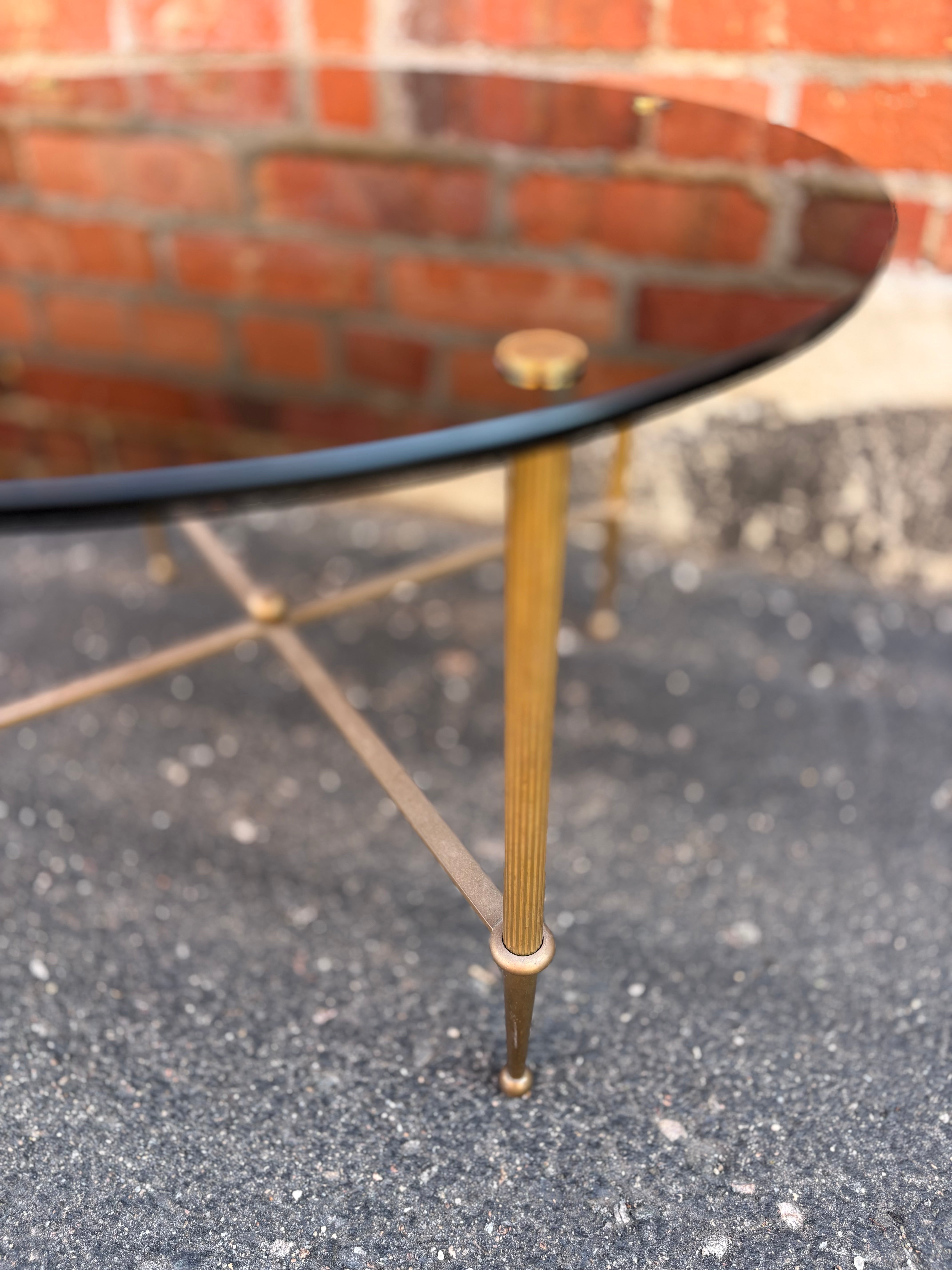 Antique Small Round Neoclassical Table, Black Glass Top/Brass Legs