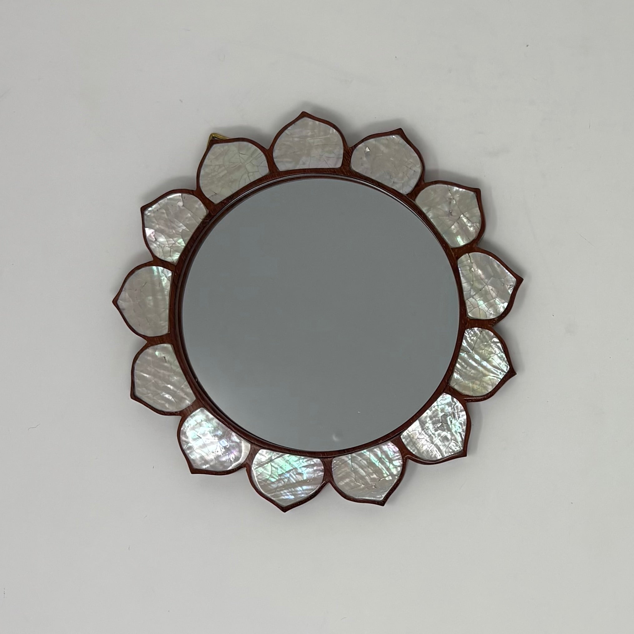 Wood and White Mother of Pearl Inlay Round Flower Shaped Mirror 6 1/2"dia.