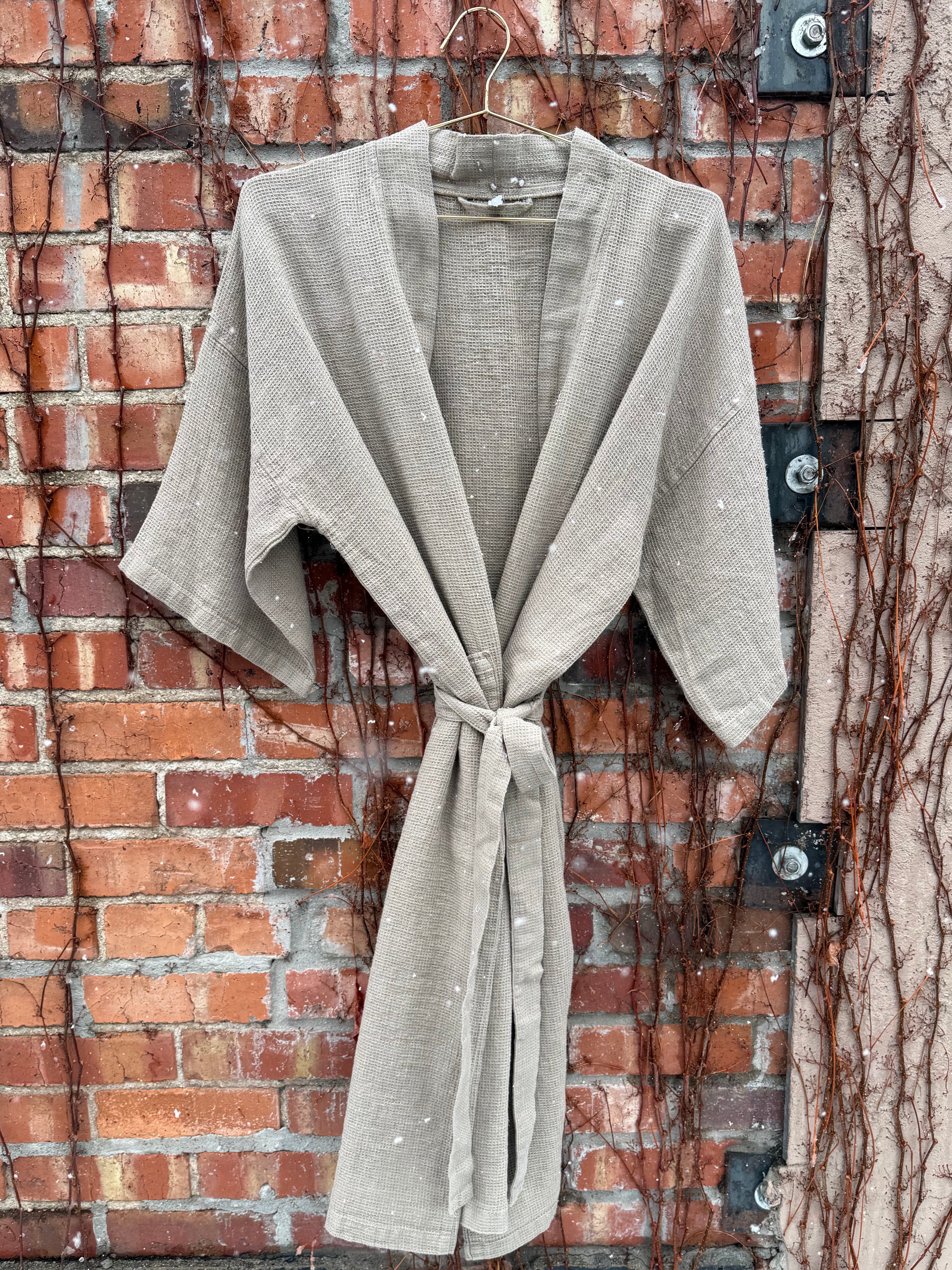 100% Washed Linen Waffle Texture Kimono Robe - OS