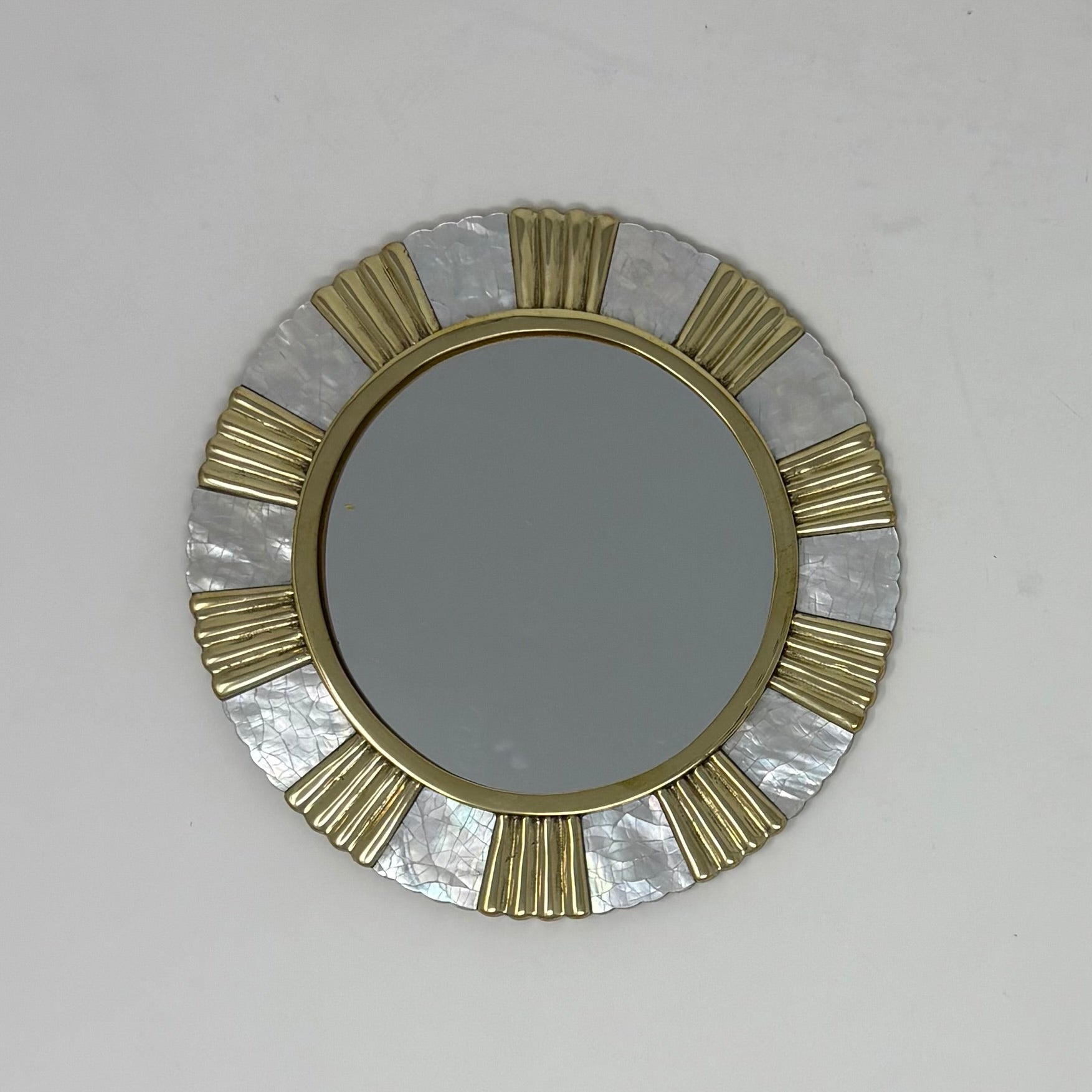 Brass and Mother of Pearl Inlay Mirror, Round 6"diameter