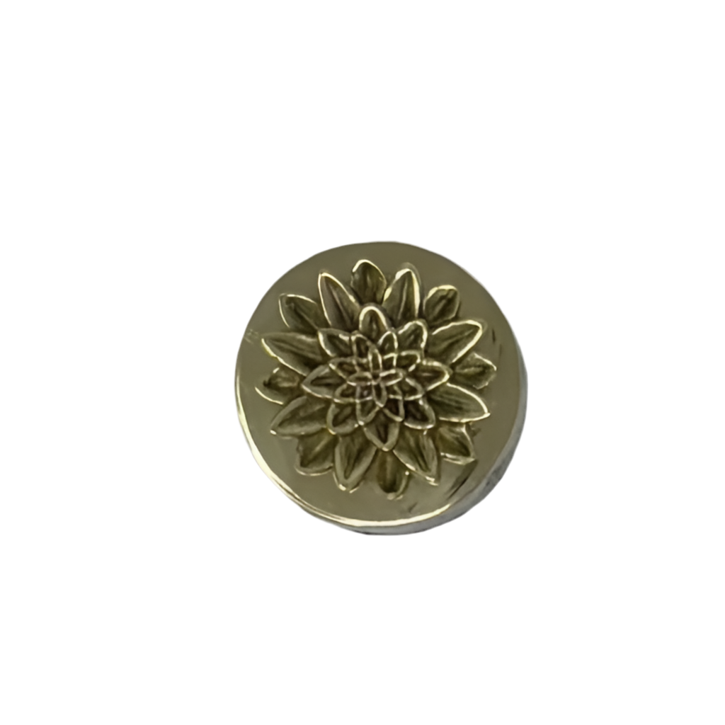 Tiny Round Mother of Pearl Inlay Brass Box with a Carved Flower Top