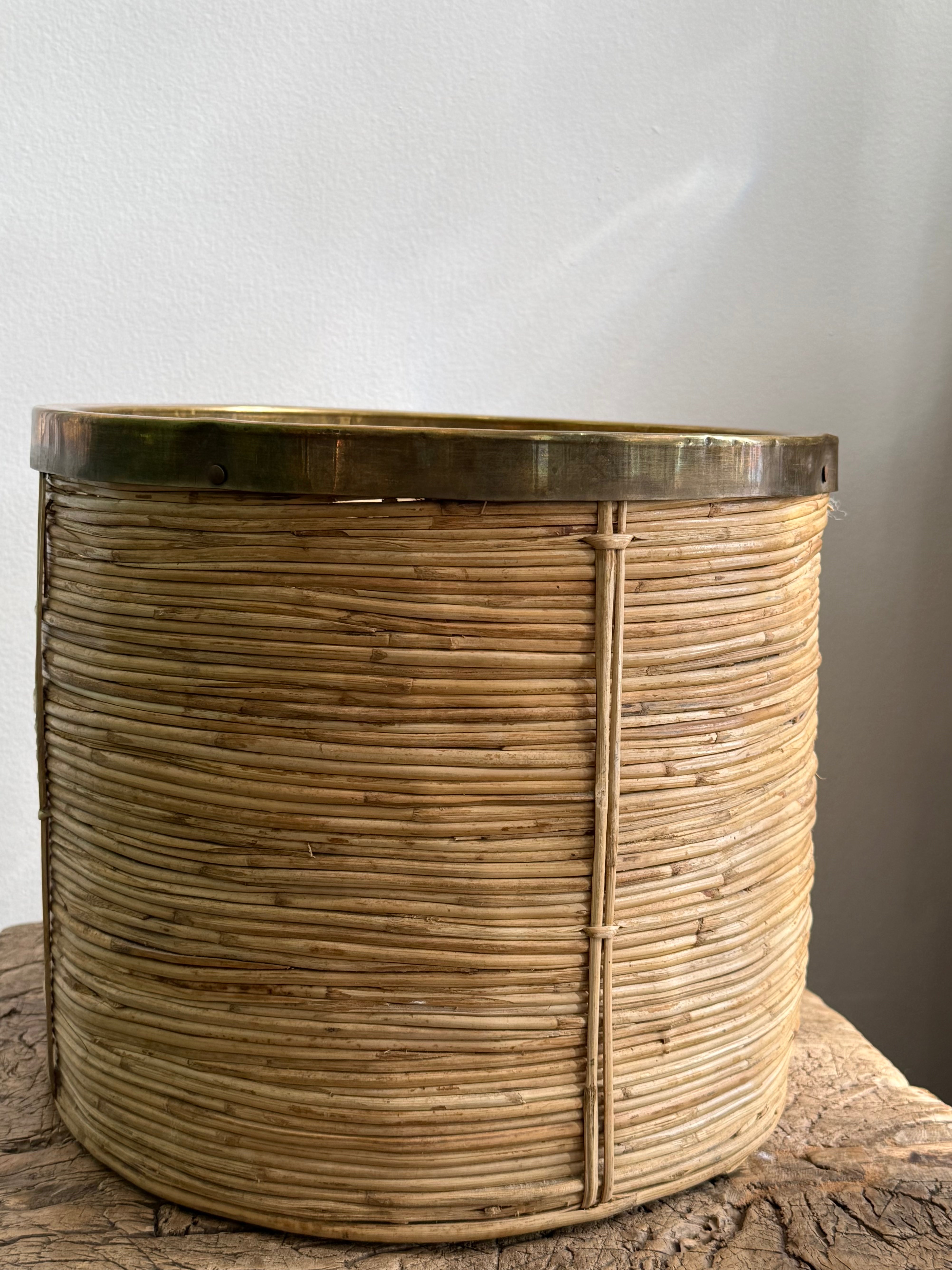 MIdcentury Vintage Italian Bamboo and Brass Large Basket