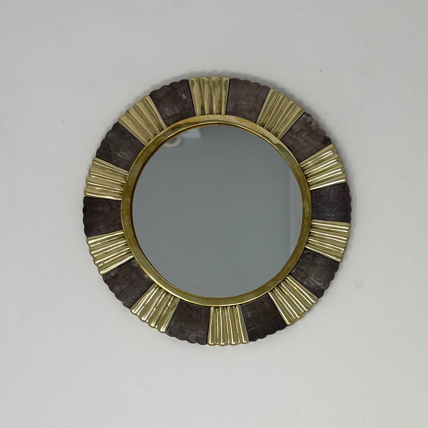 Brass and Mother of Pearl Inlay Mirror, Round 6"diameter