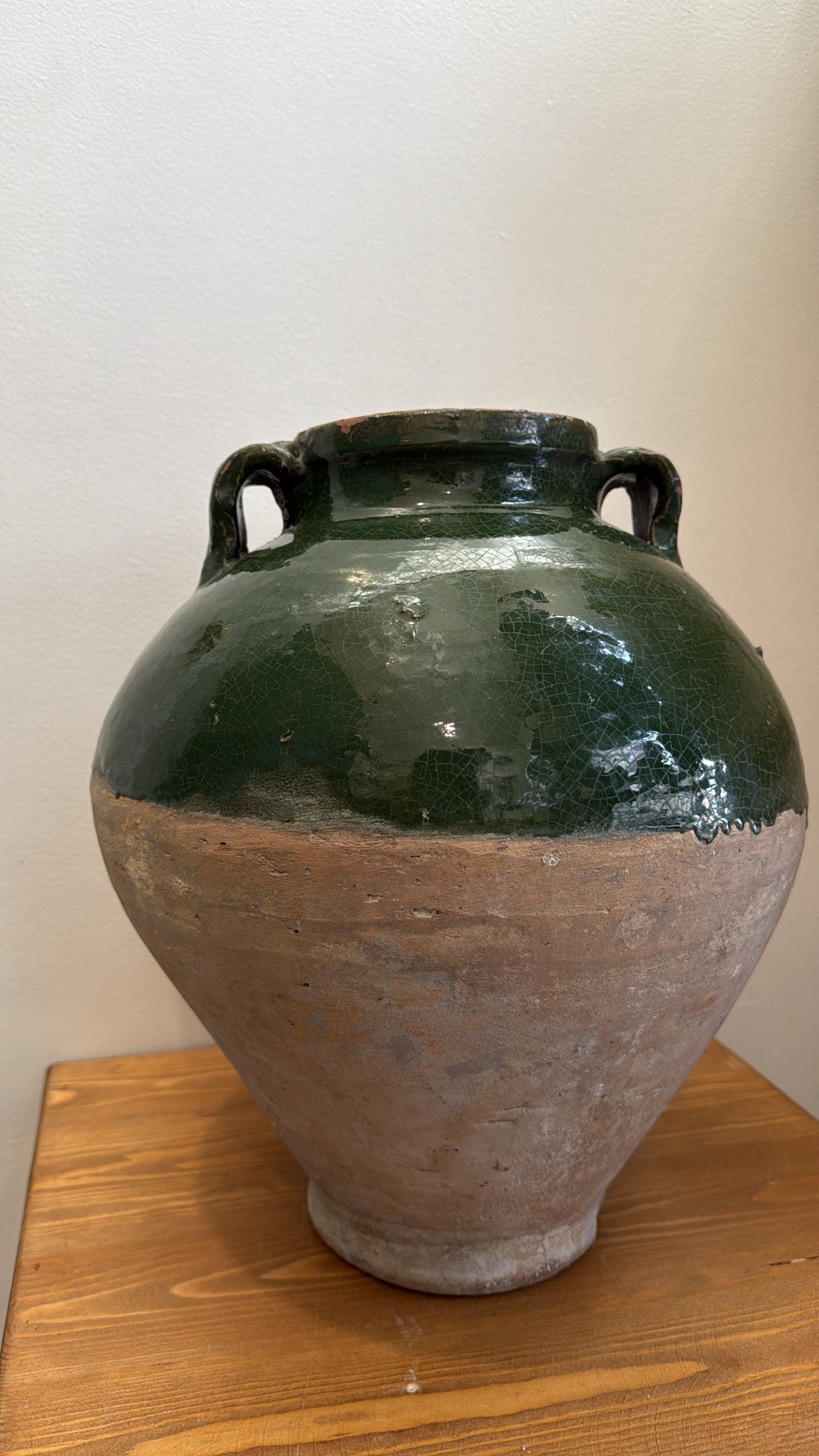Vintage French Partially Glazed Green Terracotta Confit Pot, Large