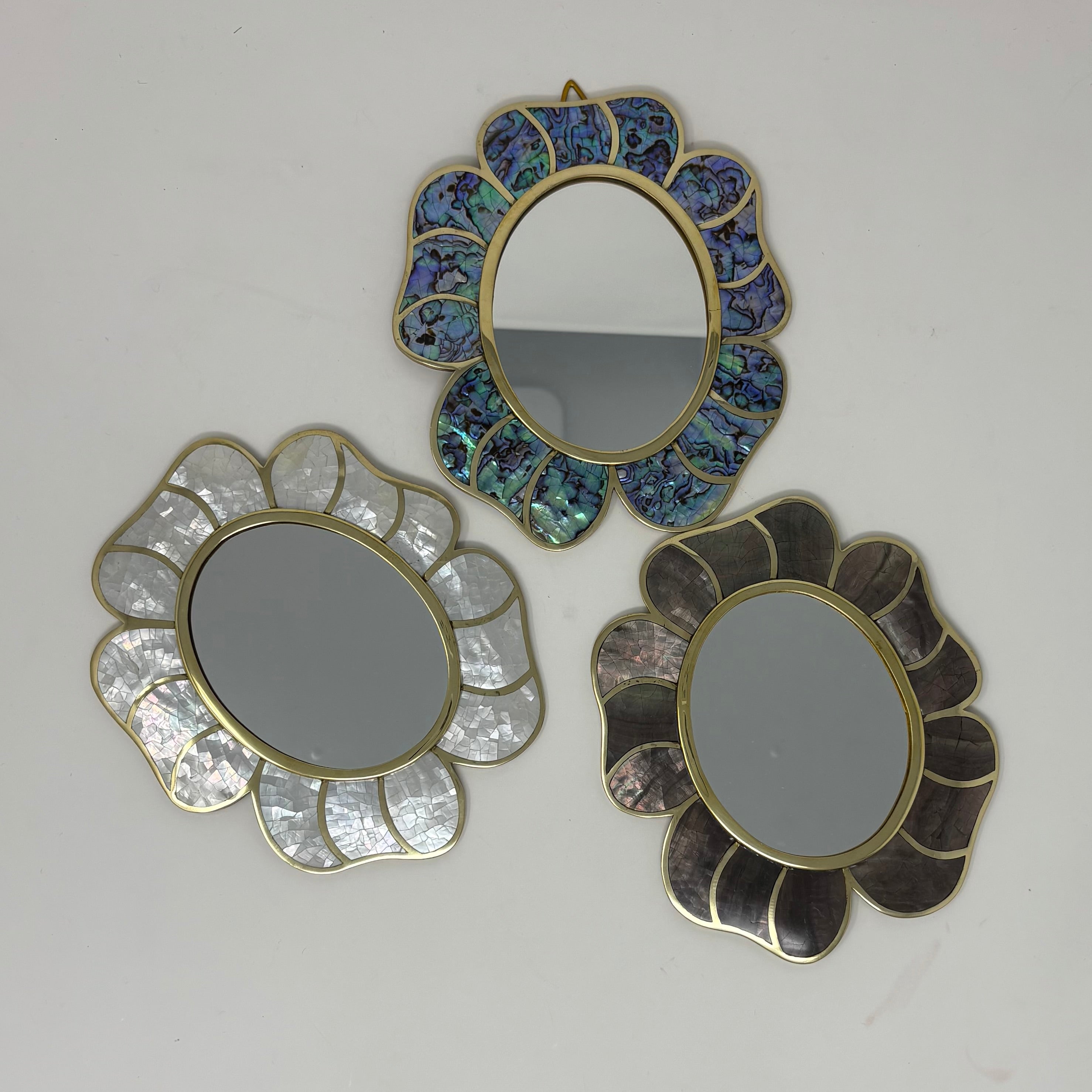 Brass and Mother of Pearl Inlay Oval Flower Shaped Mirror 6 w. x 6 1/2"h.