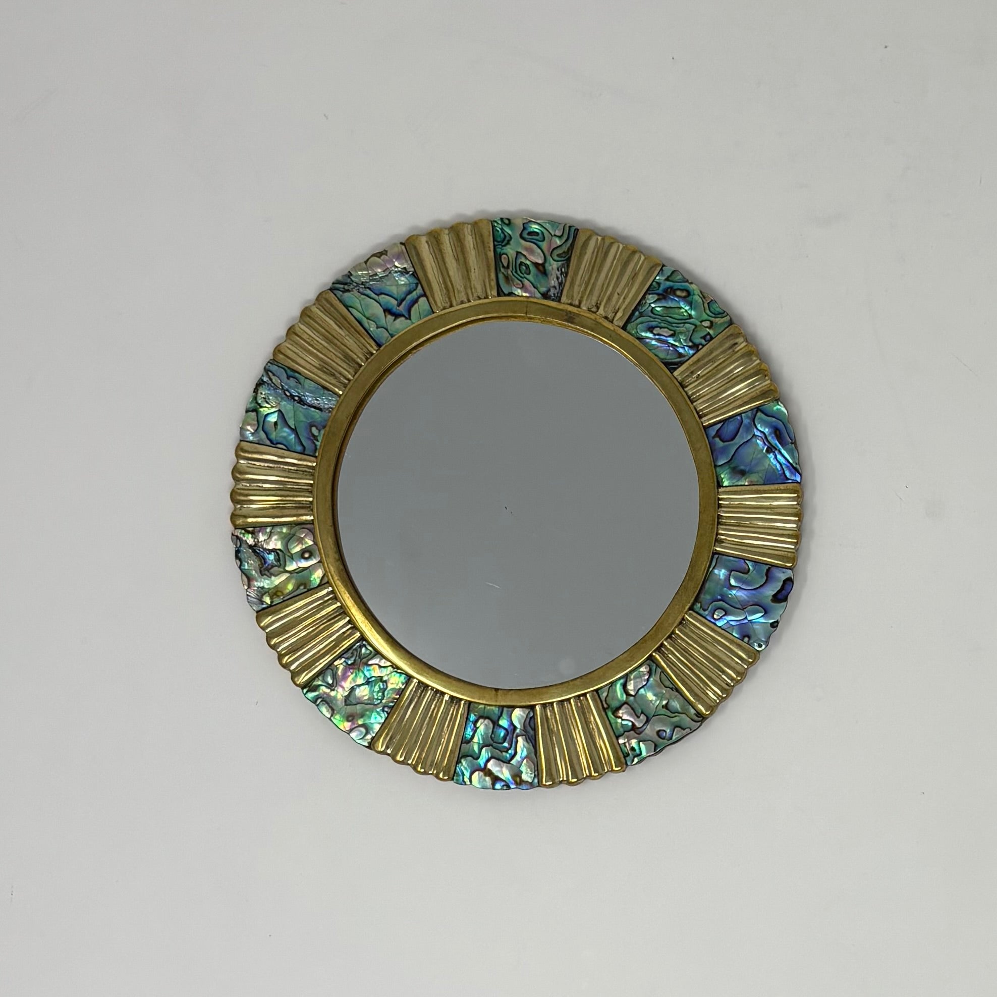 Brass and Mother of Pearl Inlay Mirror, Round 6"diameter