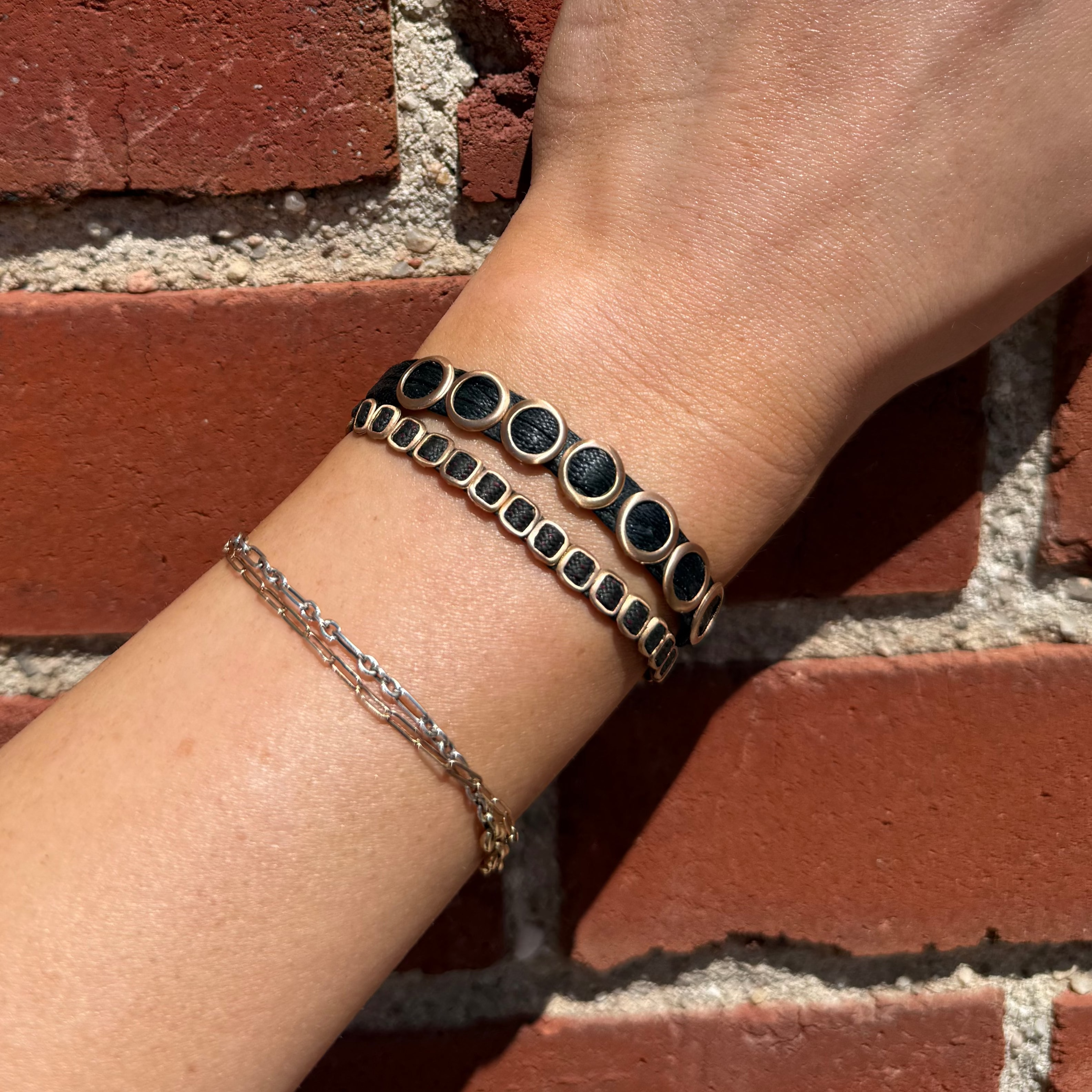 Apriati Multi Strand Black Cord Bracelet Woven with 18kt Rose Gold Hollow Circles and Squares