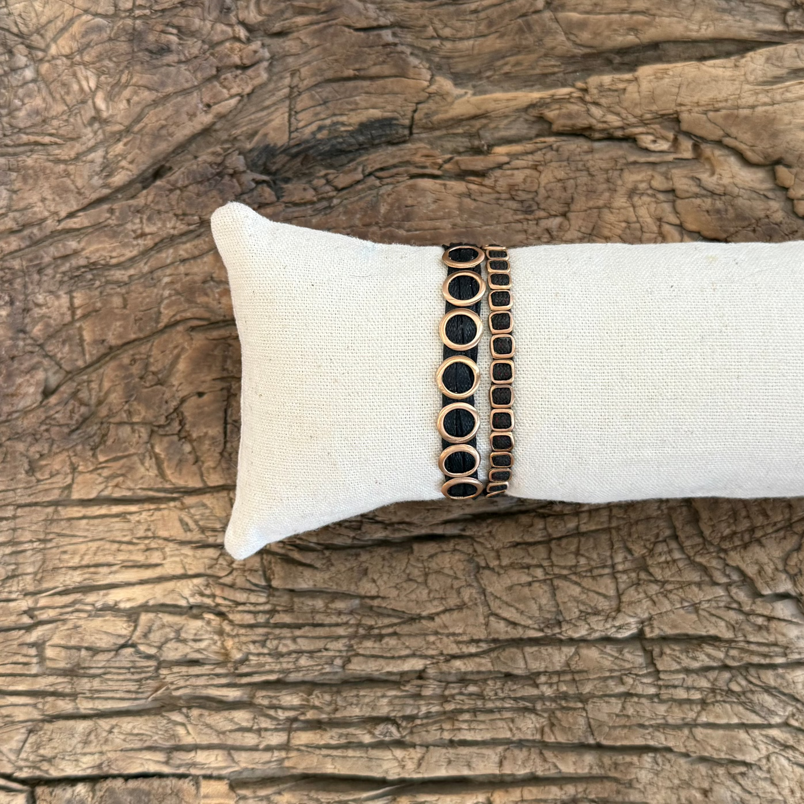 Apriati Multi Strand Black Cord Bracelet Woven with 18kt Rose Gold Hollow Circles and Squares