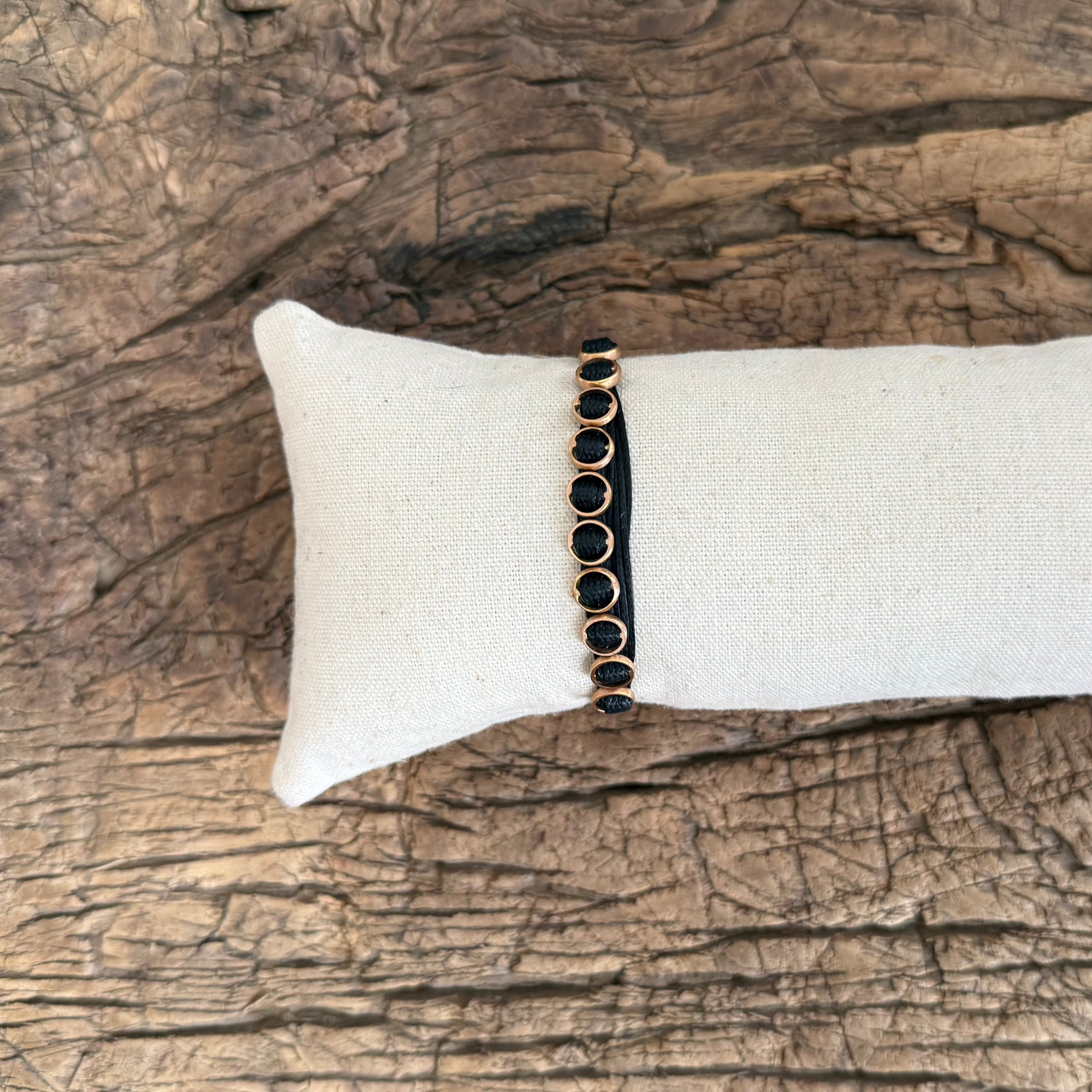 Apriati Black Braided Cord Bracelet with 10 18kt Rose Gold Circles