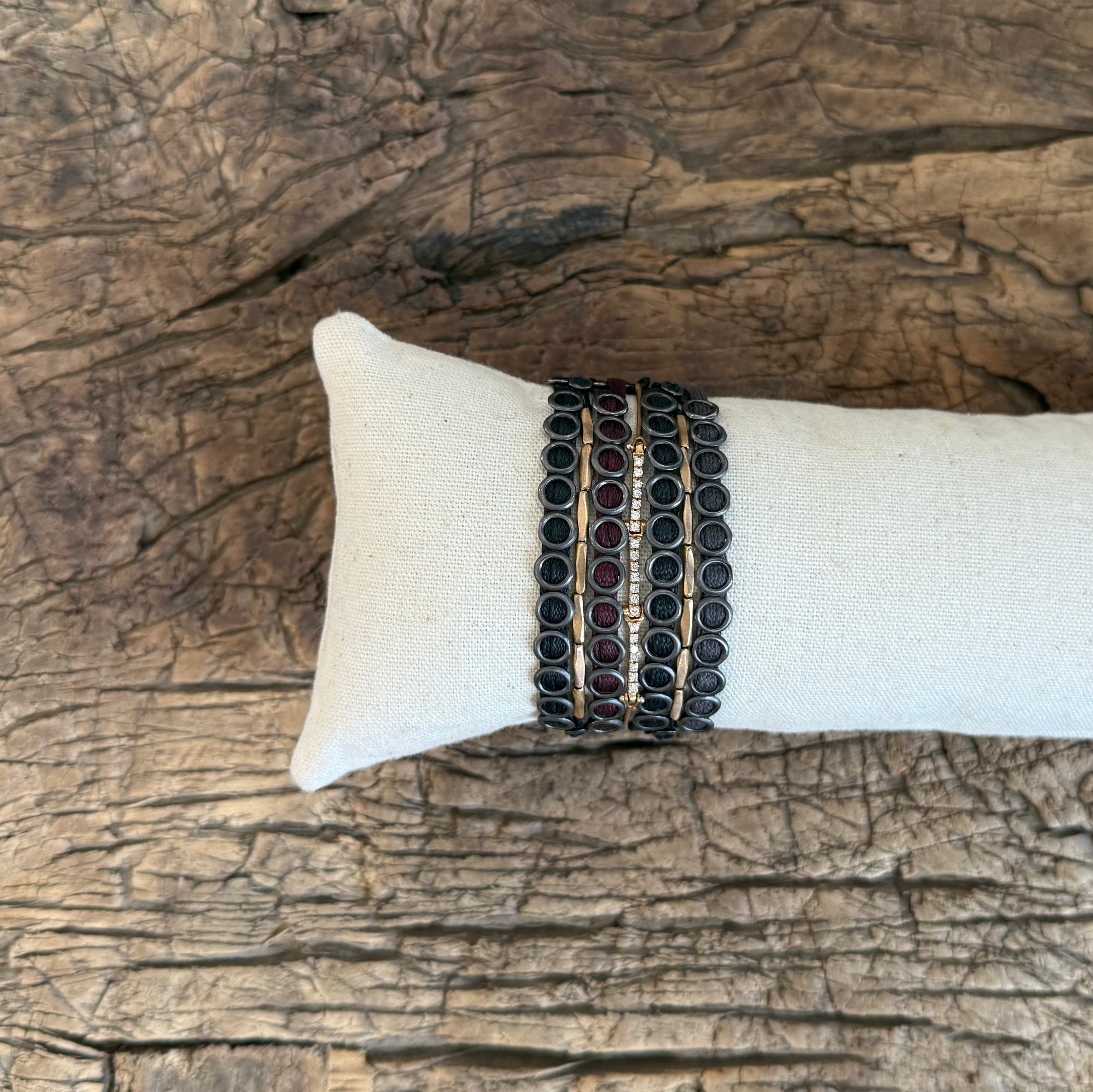 Apriati 7 Row Cord Bracelet, 18 karat Rose Gold, Oxidized Silver and Diamonds