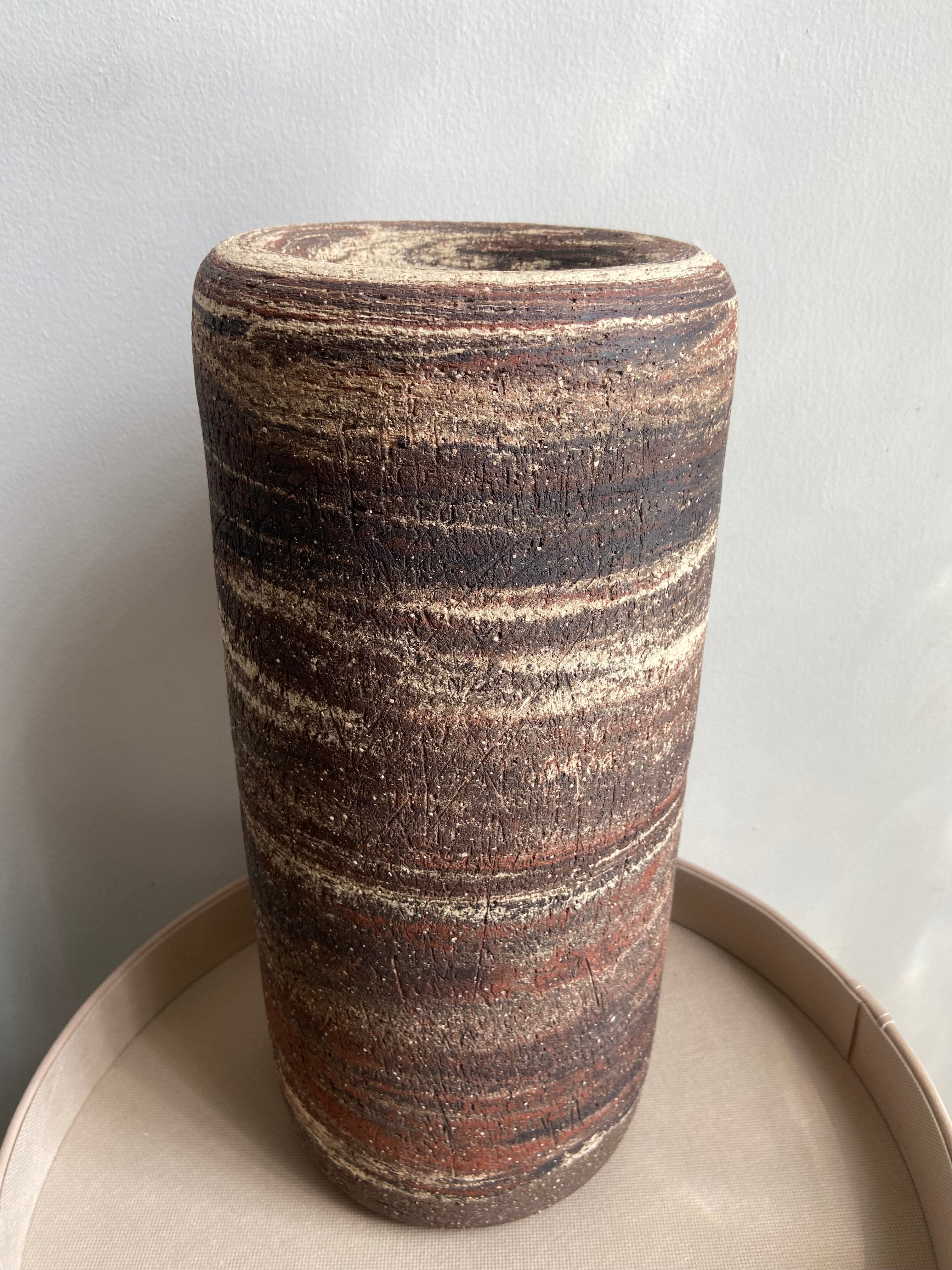 Vase, Coarse Stoneware, Brown Swirl 16" h.