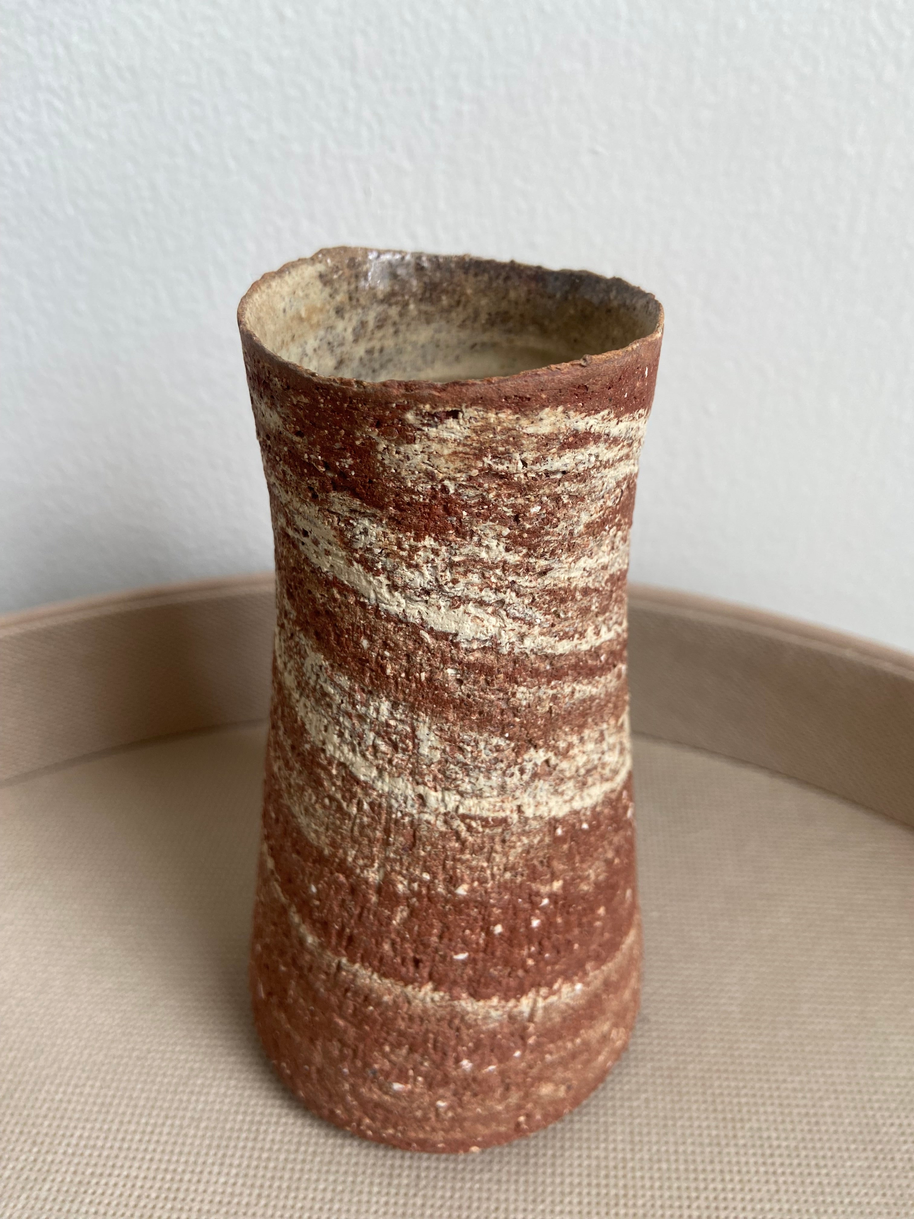 Vase, Red and White Stoneware Swirl 5.5"h.