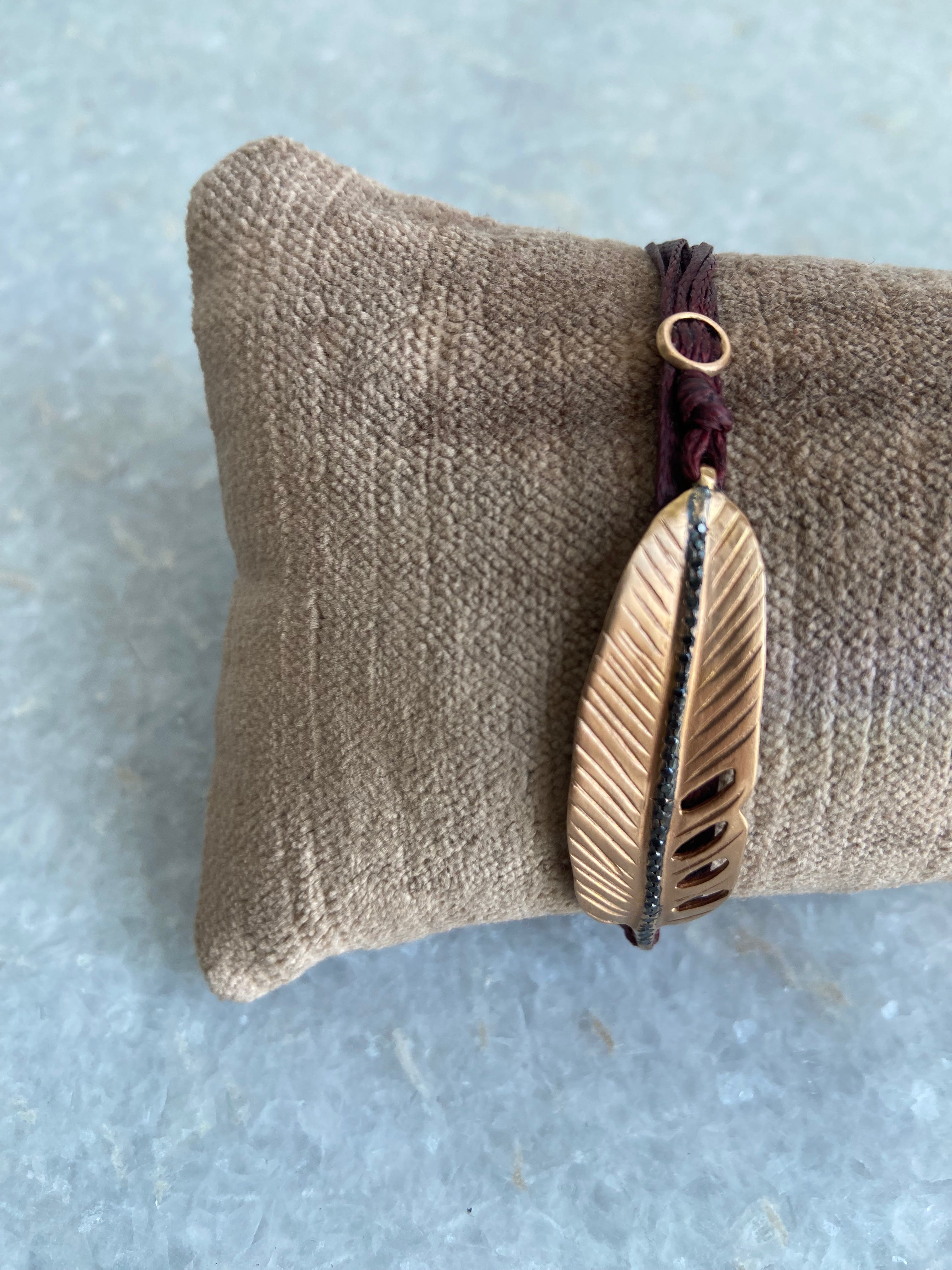 Multi Cord Bracelet with 18kt Pink Gold Feather with Black Diamonds
