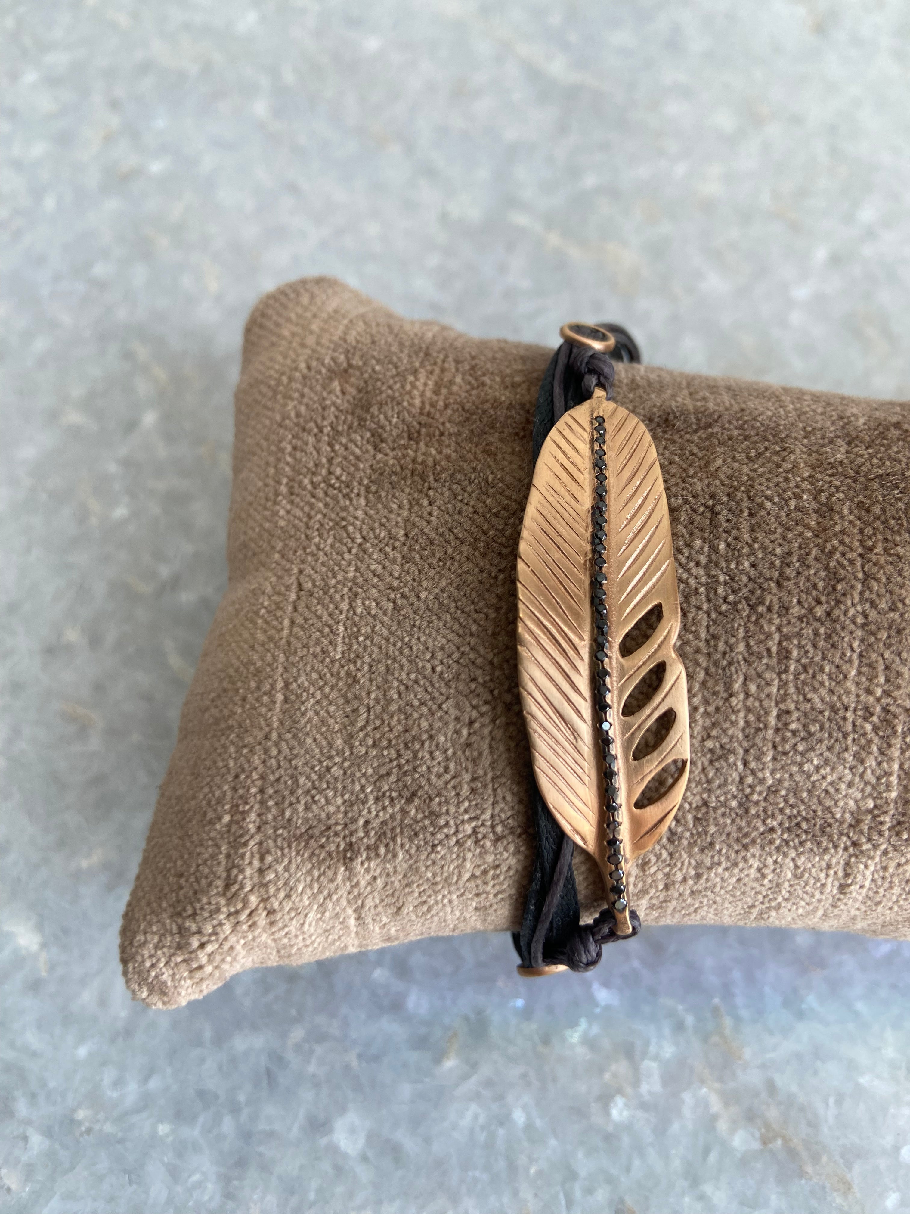 Multi Cord Bracelet with 18kt Pink Gold Feather with Black Diamonds