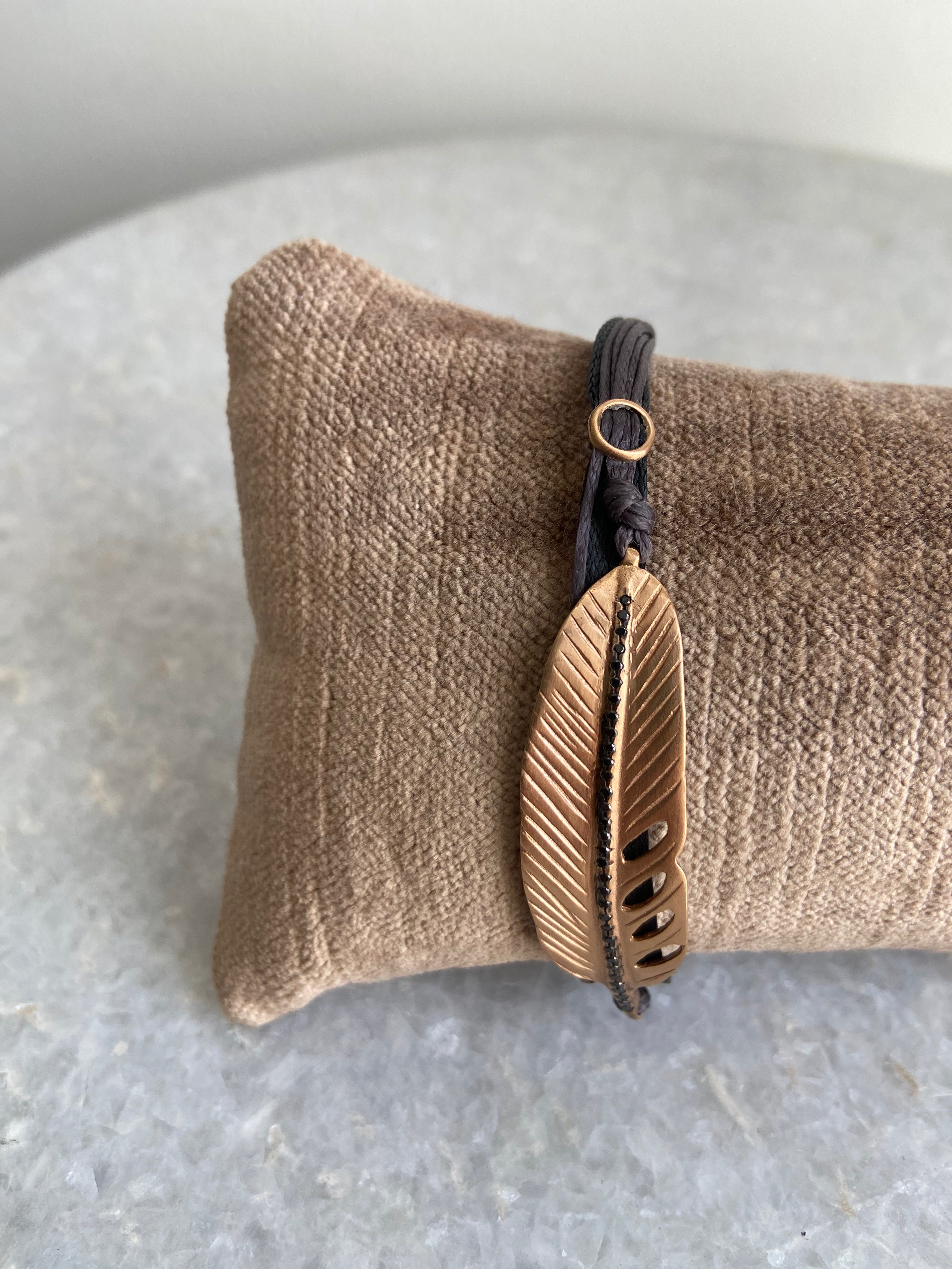Multi Cord Bracelet with 18kt Pink Gold Feather with Black Diamonds