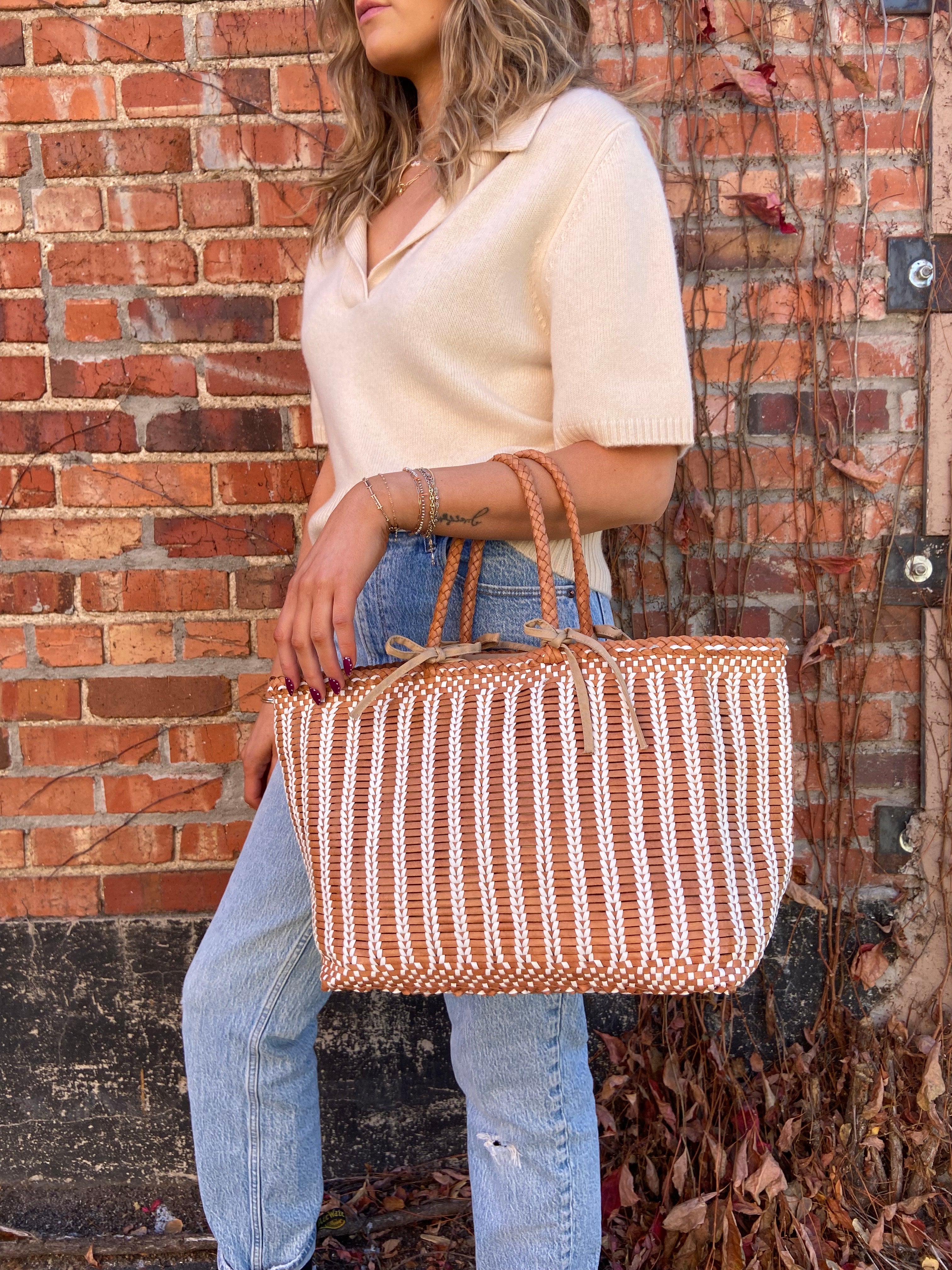 Dragon Diffusion Bali Woven Leather Basket Bag Big with Cloth Liner