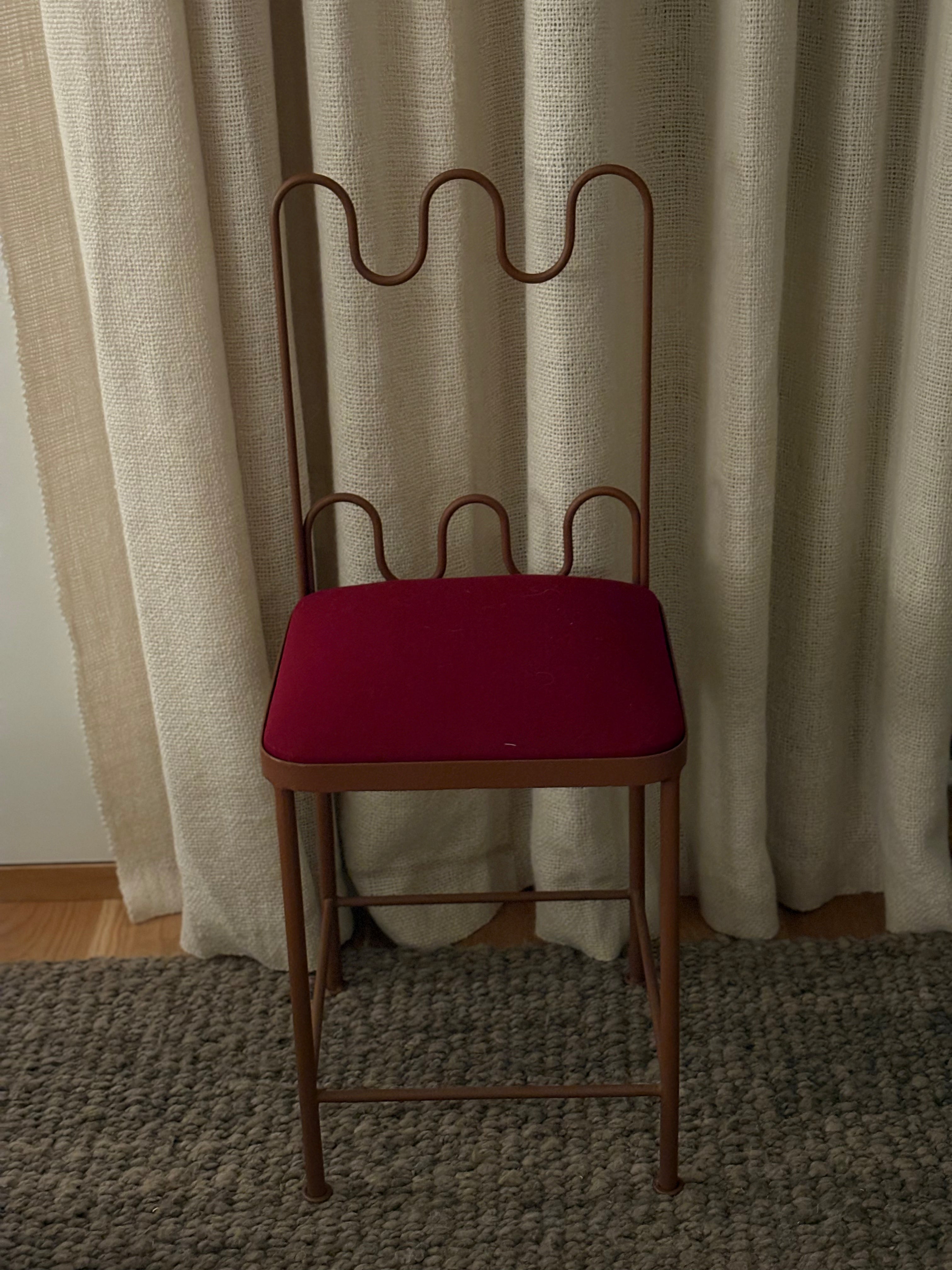 DOLORES Chair Brown Powder Coated Steel Frame with a Burgundy Sunbrella Seat Cushion