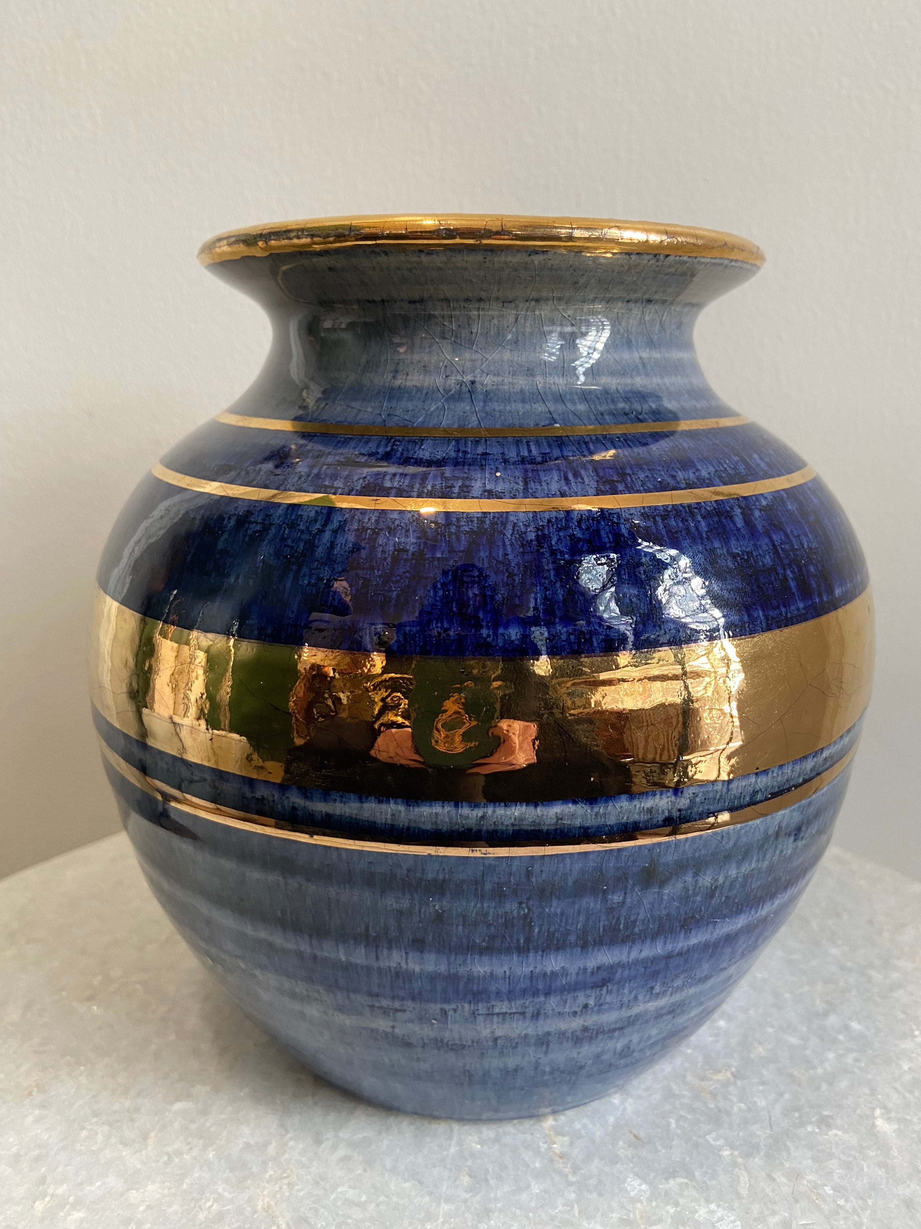 Vintage 1970s Georges Pelletier Medium Blue and Gold Pot 8"dia. x 8"h