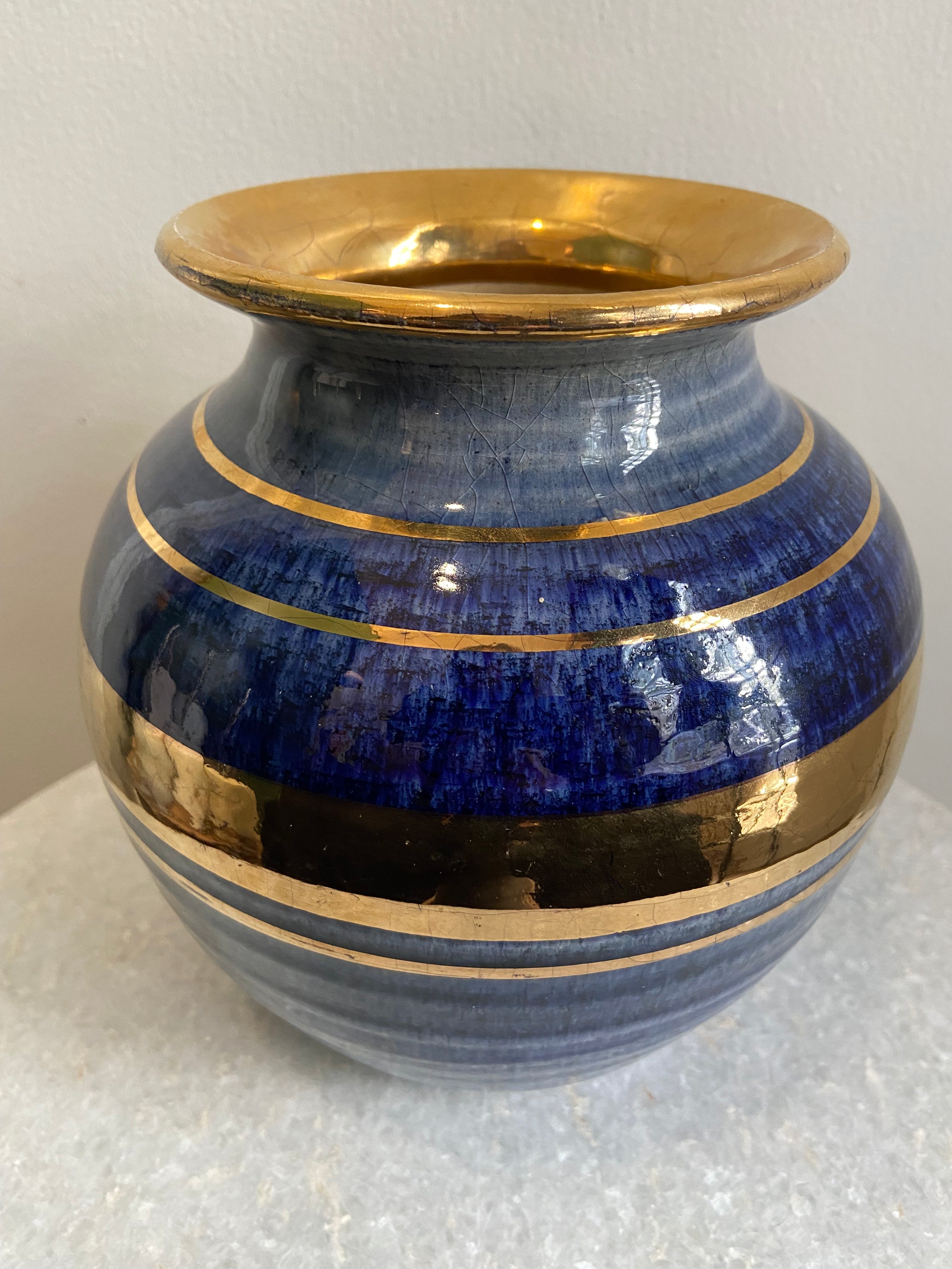 Vintage 1970s Georges Pelletier Medium Blue and Gold Pot 8"dia. x 8"h
