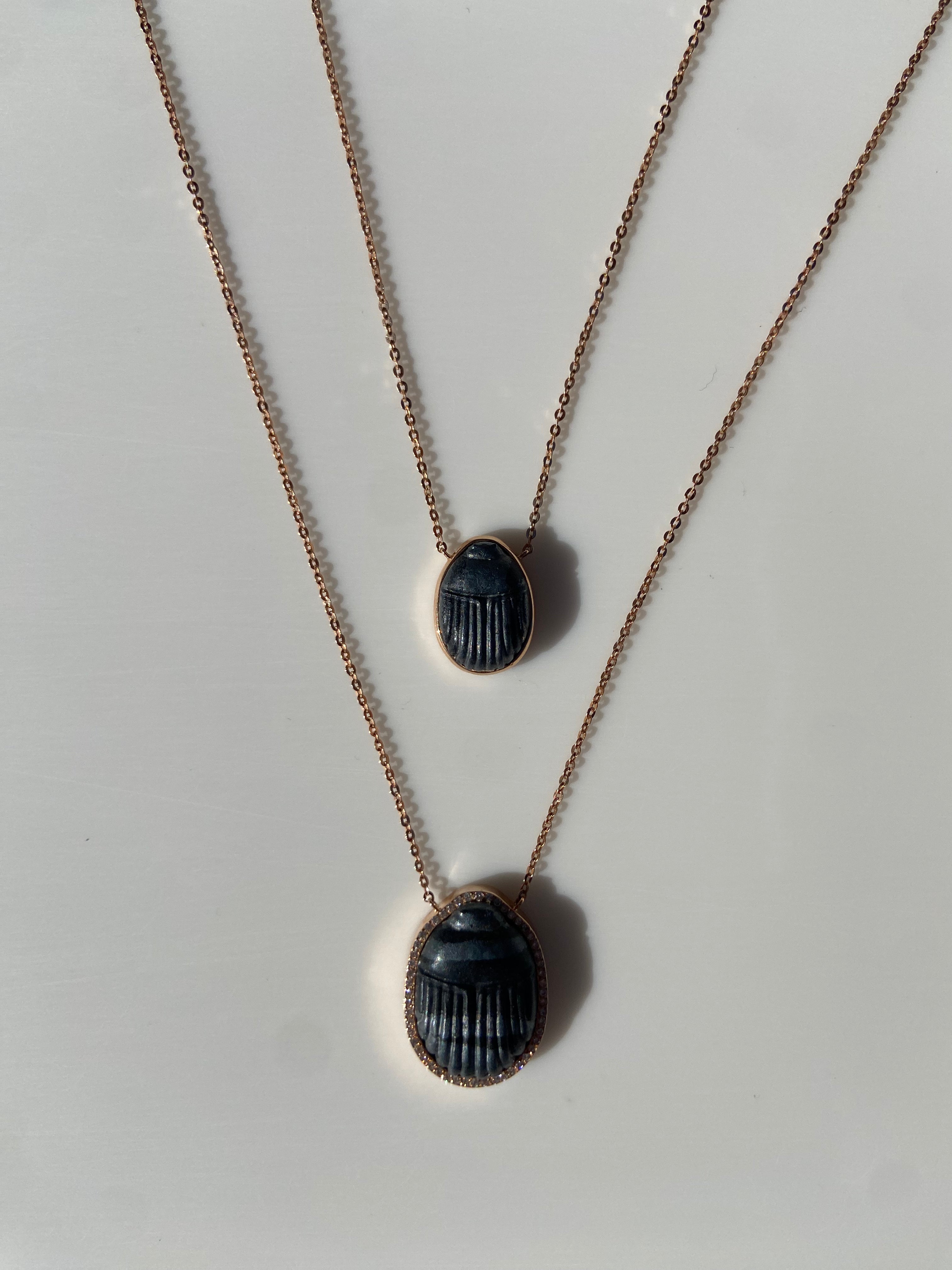 Lito 14kt. Pink Gold Scapular Necklace with Diamonds and Carved Mineral Stone Scarabs 27"
