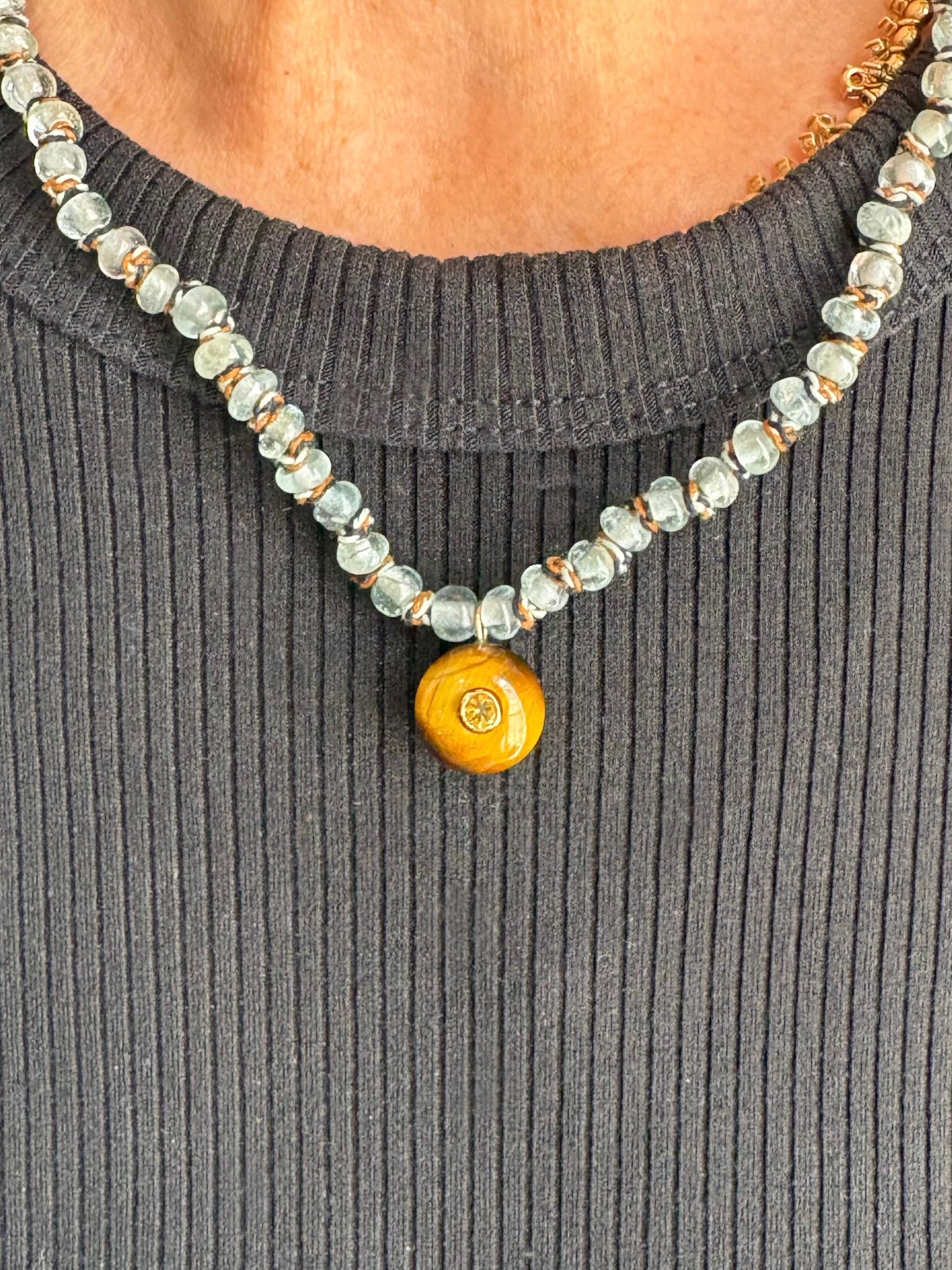 Tamara Taichman Aquamarine Beaded Necklace with a Tiger Eye Pendant Set with a Citrine, 9kt Gold Clasp