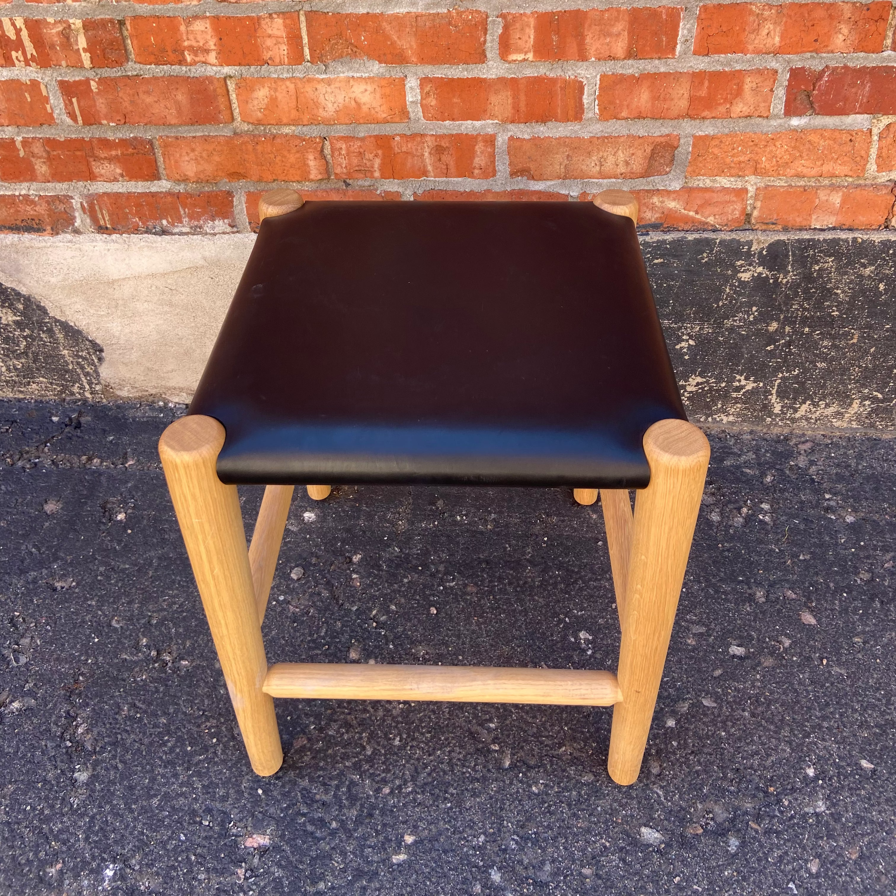 Square Stool, Toulouse Lodge Black Leather/Oak Base
