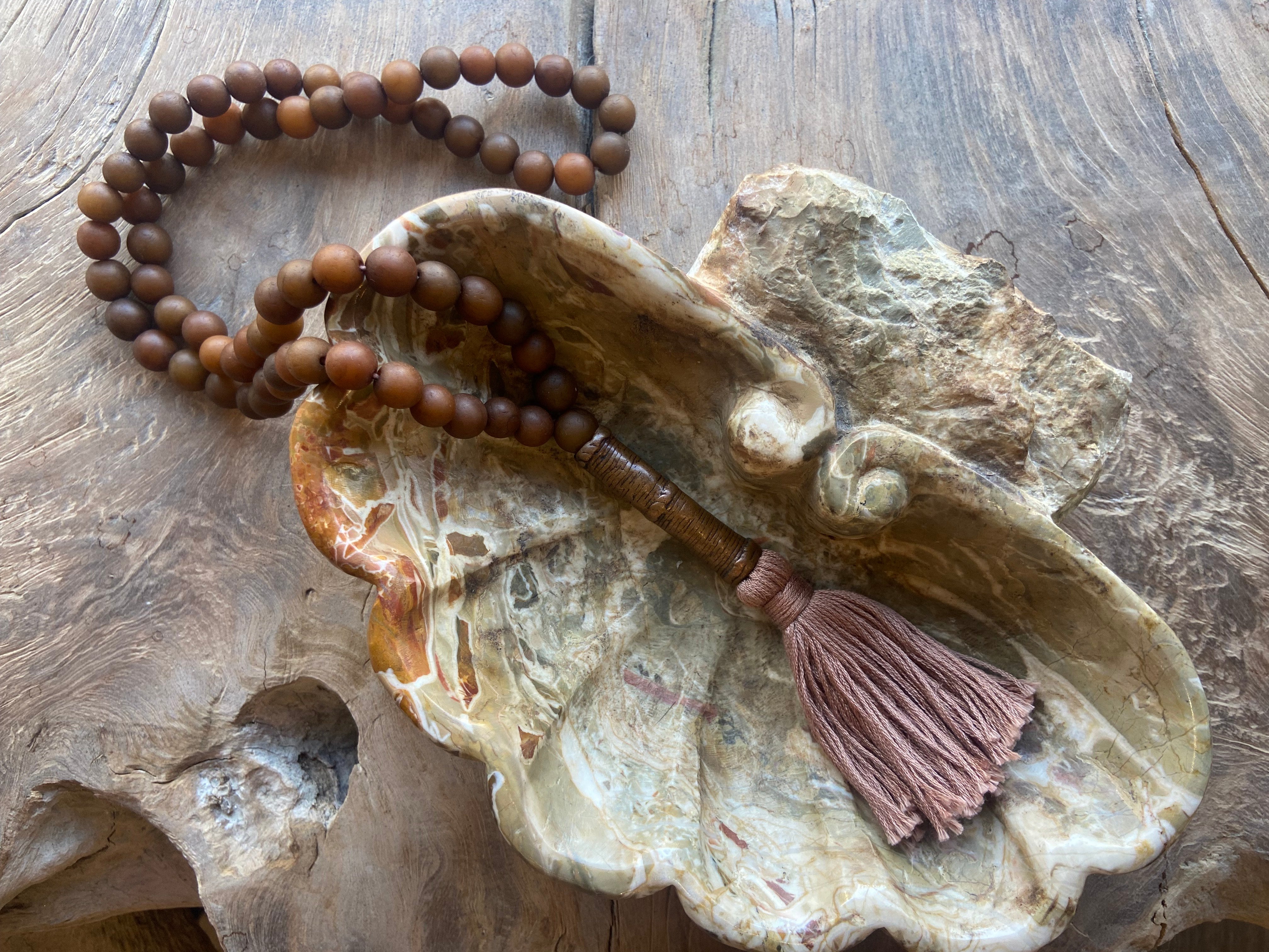 Long Mala Beaded Strand with Tassel, Brown with Brown