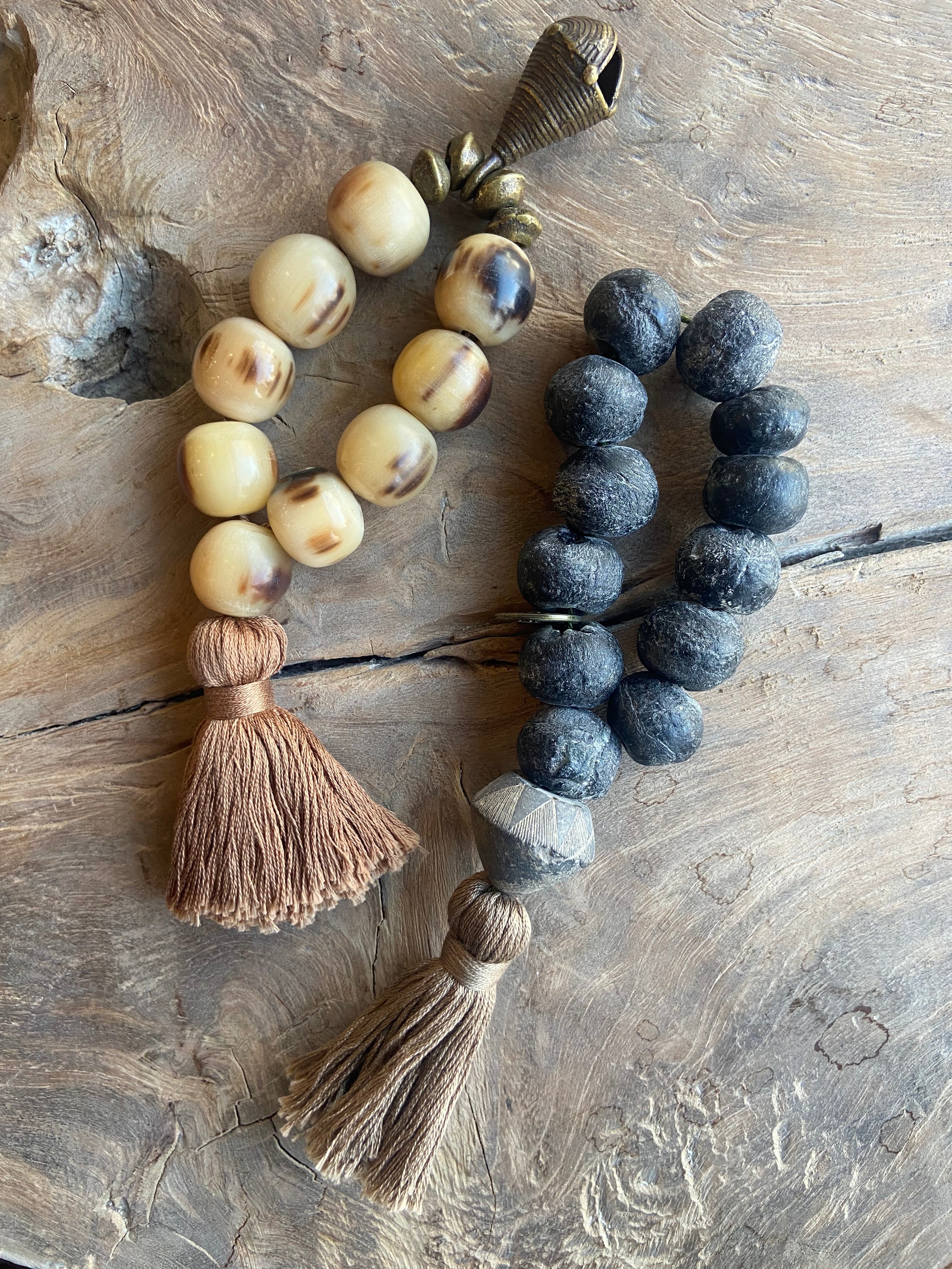 Small Horn Beaded Sculpture with Brown Tassel and Brass Bell