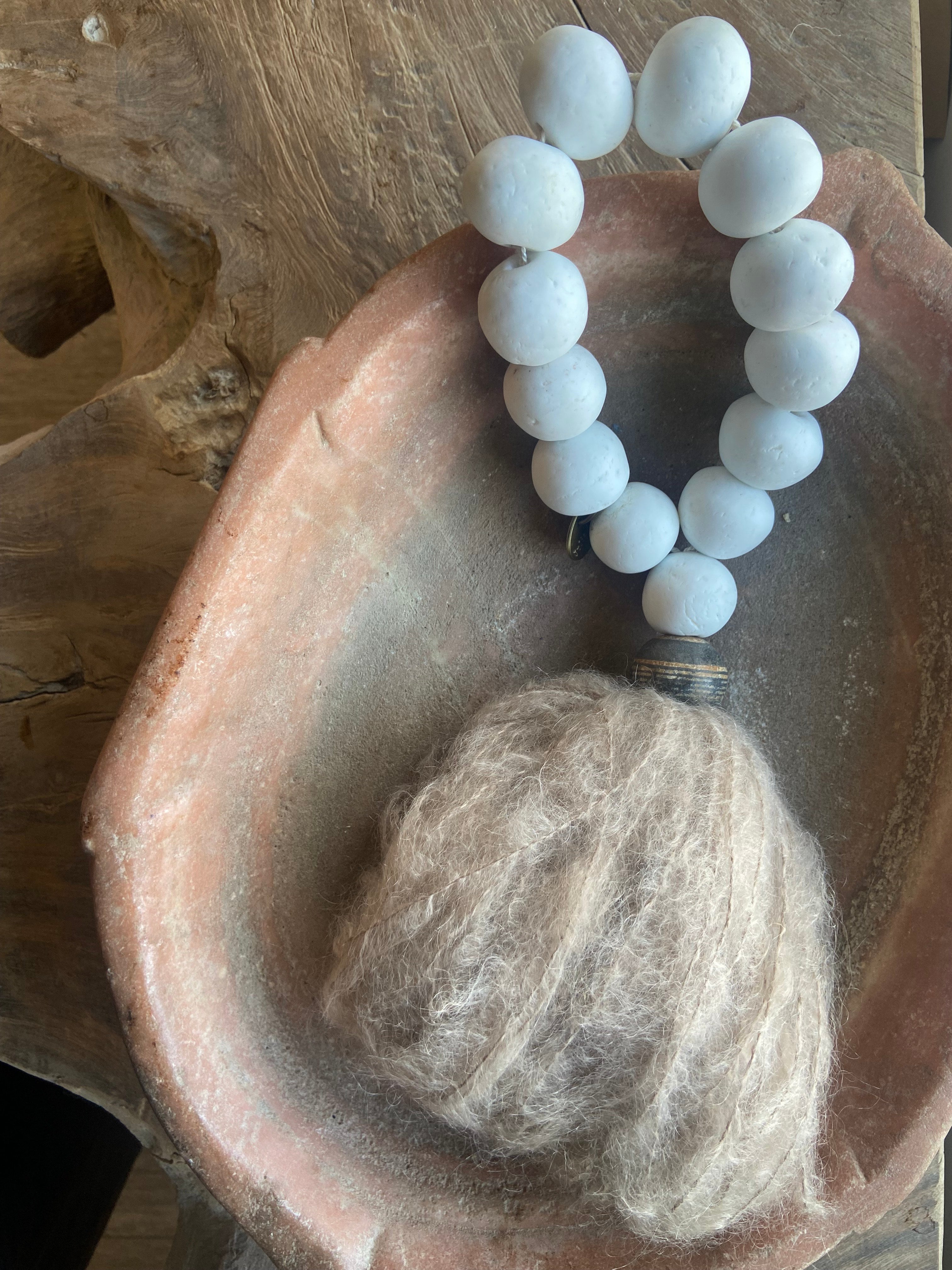 Large White Glass Beaded Sculpture with Taupe Tassel