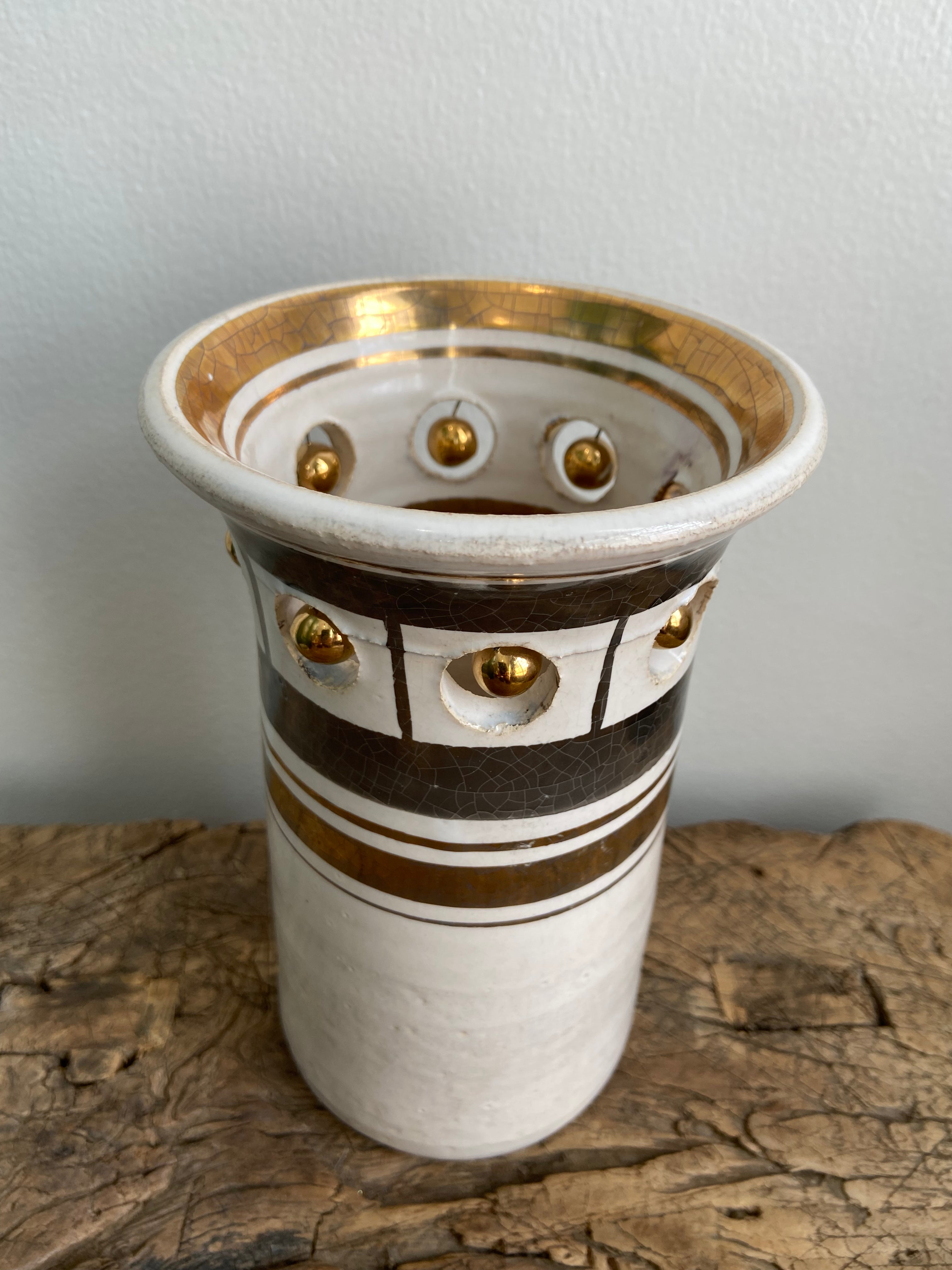 Vintage Georges Pelletier Vase, White and Gold 7"h. x 4.5"dia.