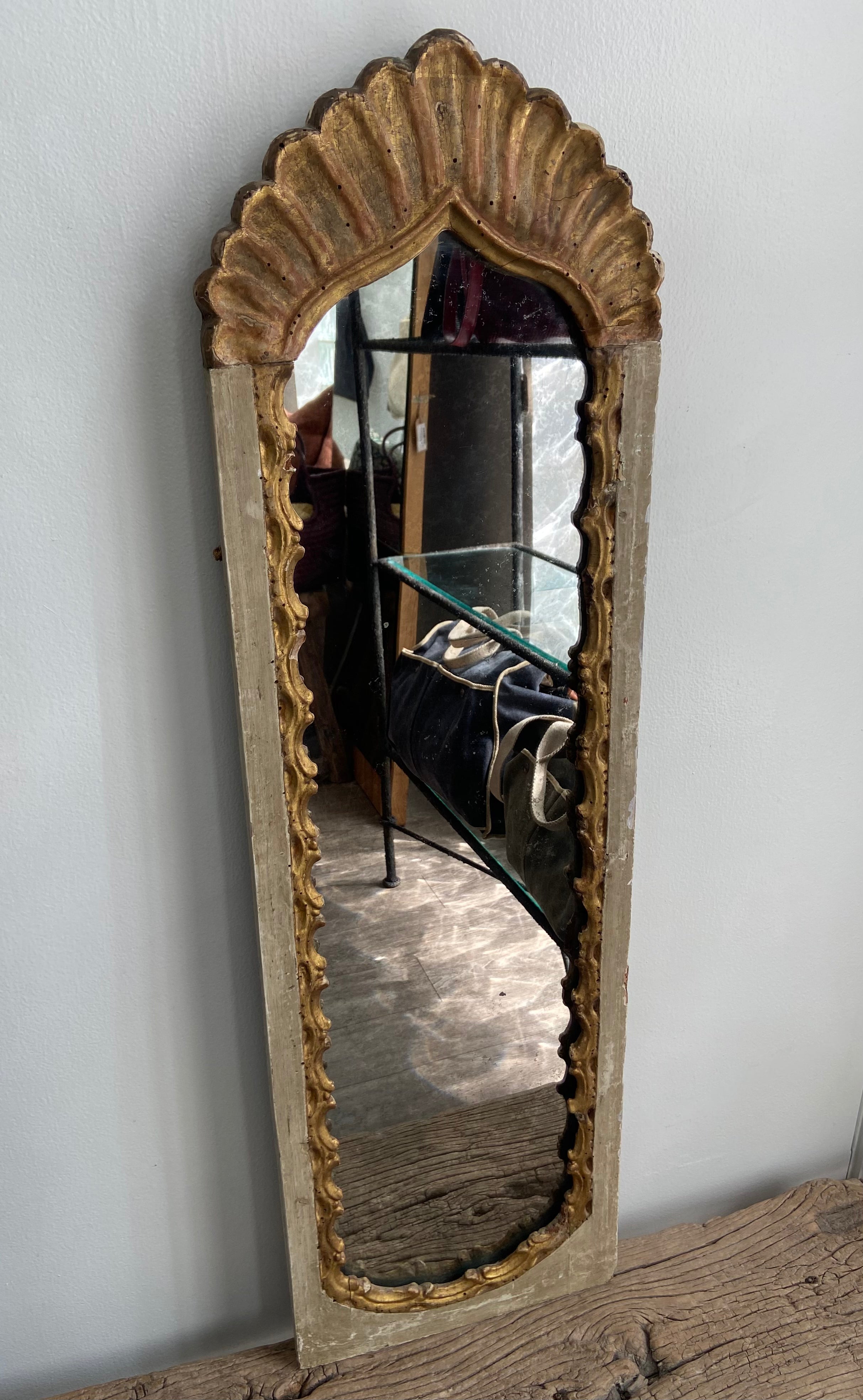 19th c. Antique Narrow Distressed White and Gold Mirror
