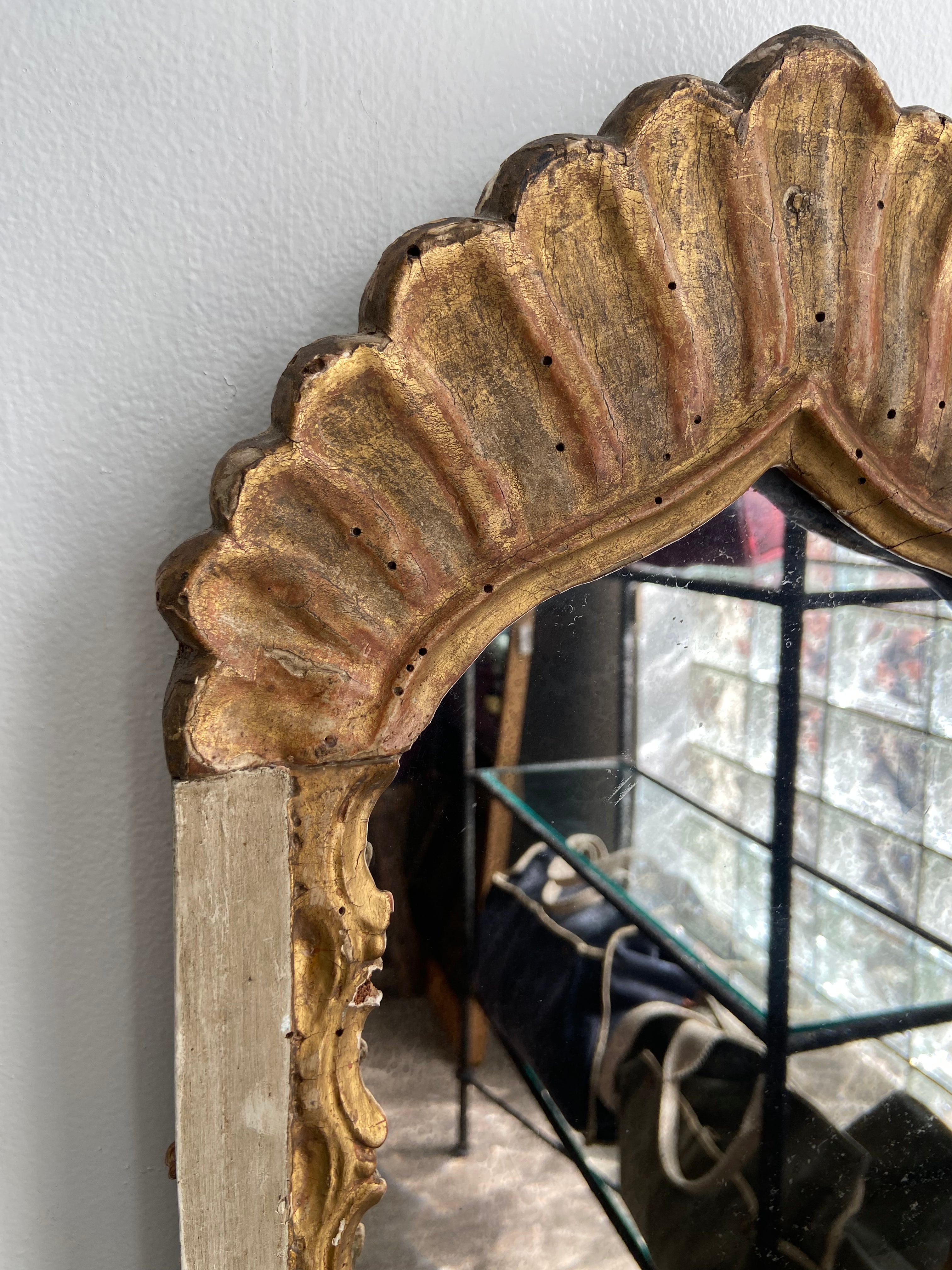 19th c. Antique Narrow Distressed White and Gold Mirror