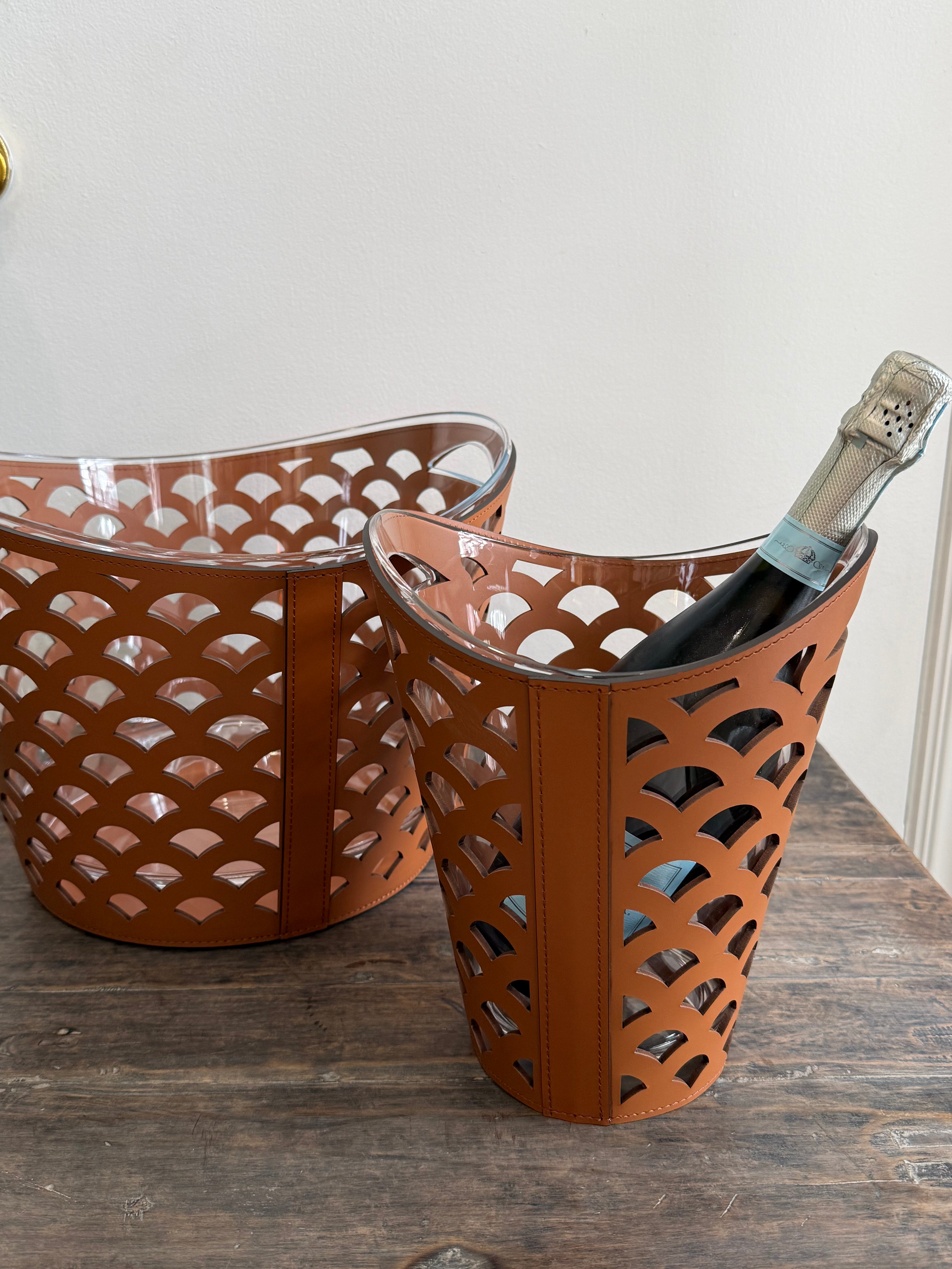 CORTINA CHAMPAGNE BUCKET SMALL, VENEZIA PATTERN: COGNAC