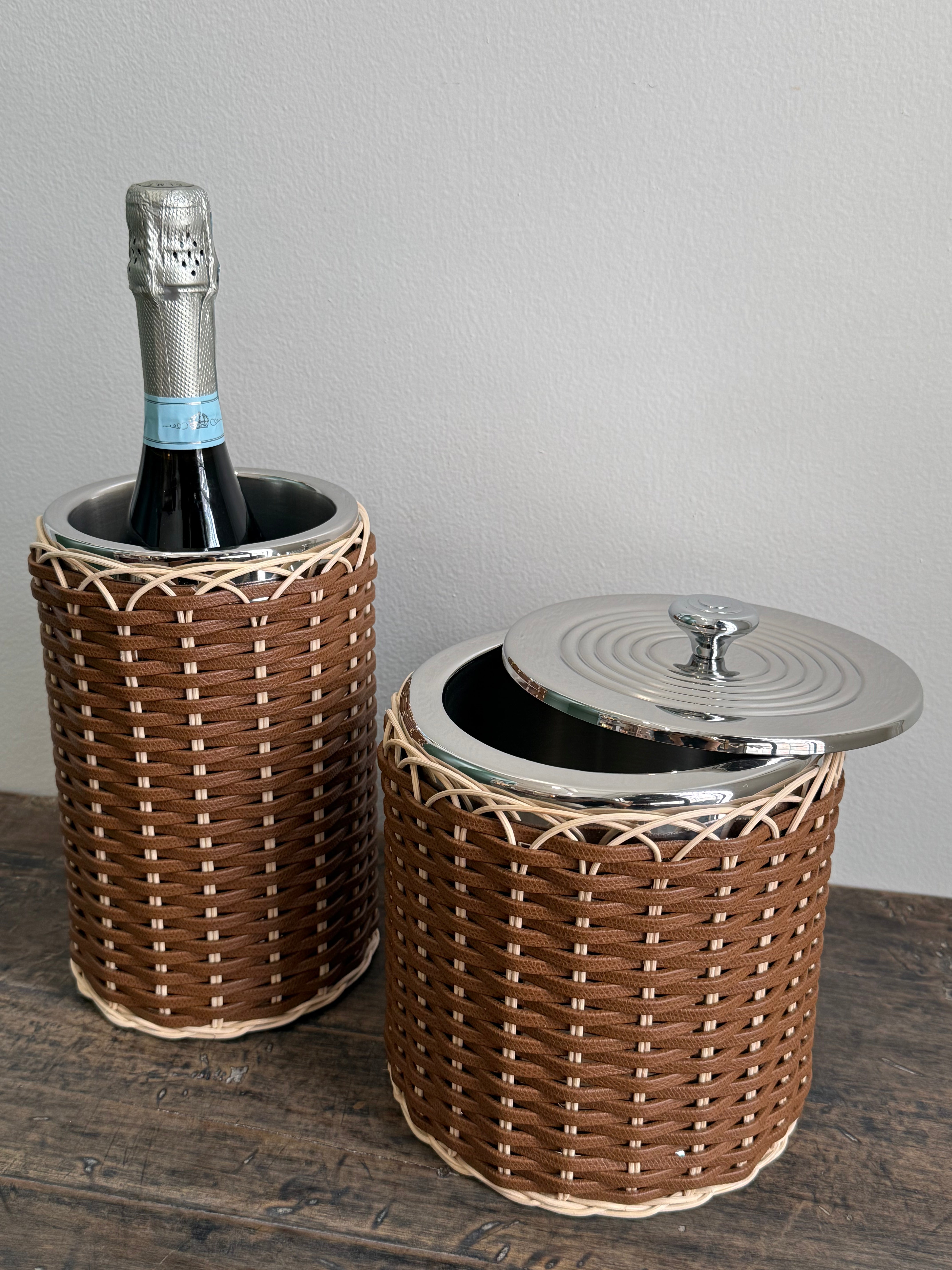 MENTON LEATHER & RATTAN BOTTLE COOLER