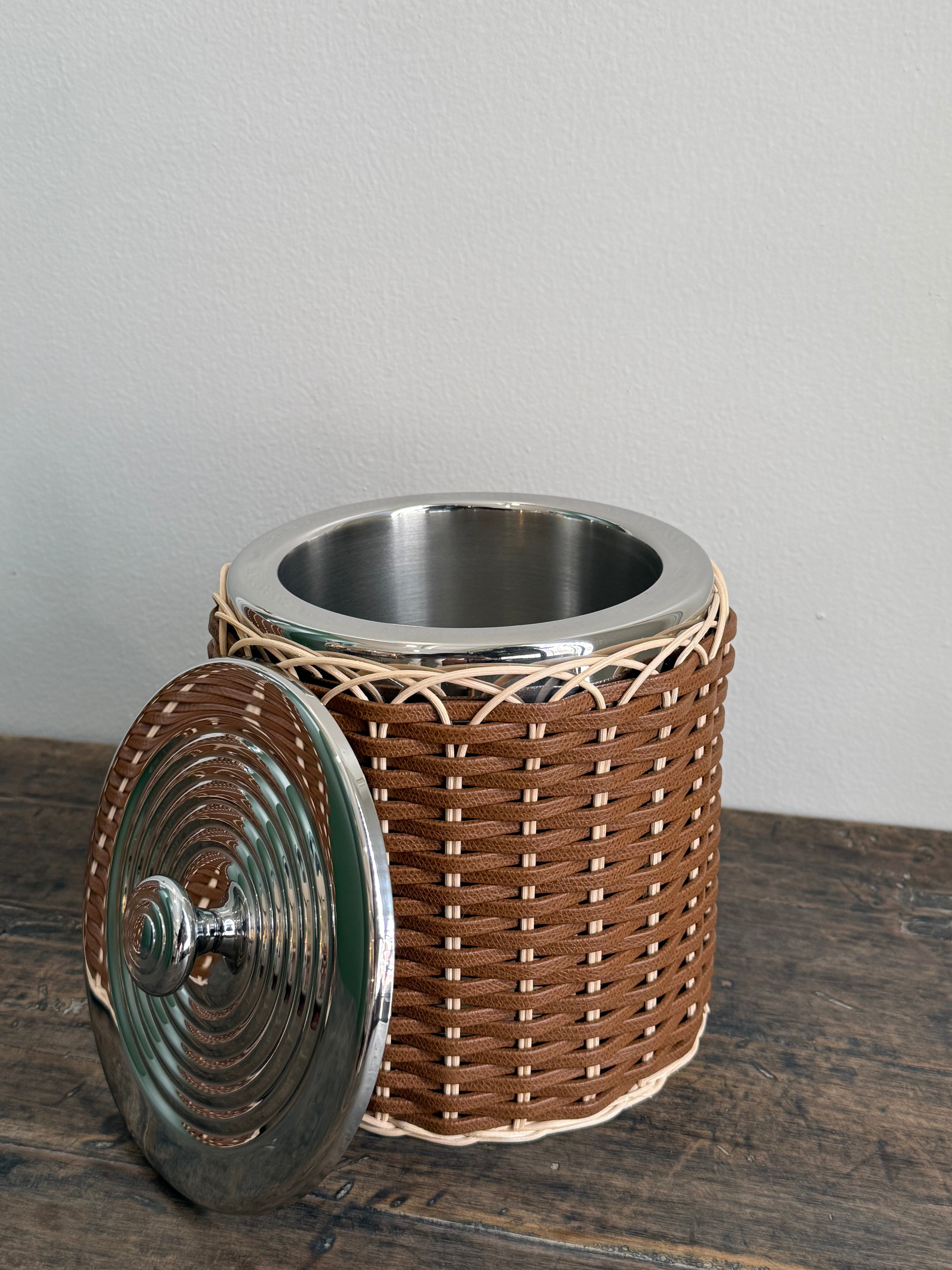 MENTON LEATHER & RATTAN ICE BUCKET SMALL