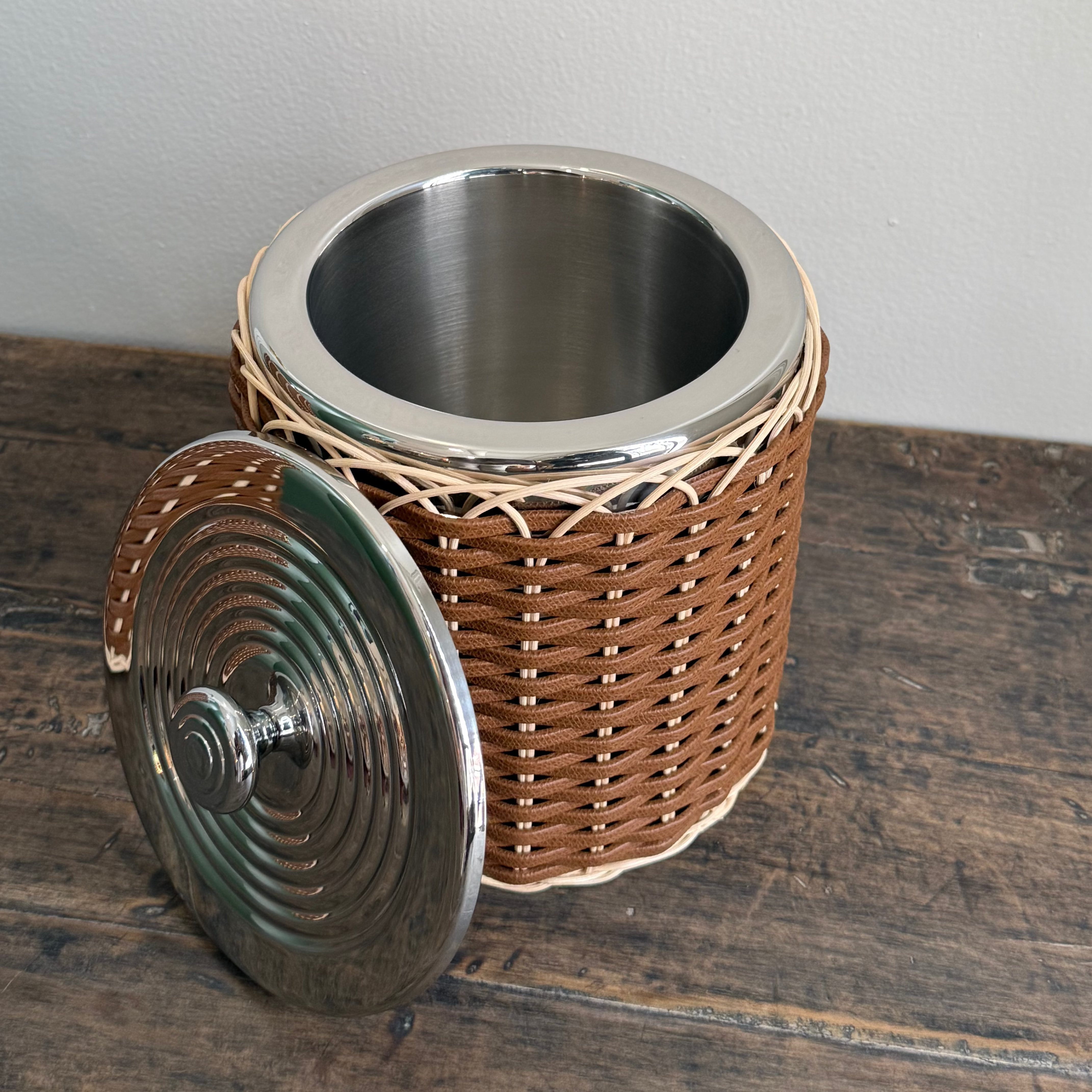 MENTON LEATHER & RATTAN ICE BUCKET SMALL