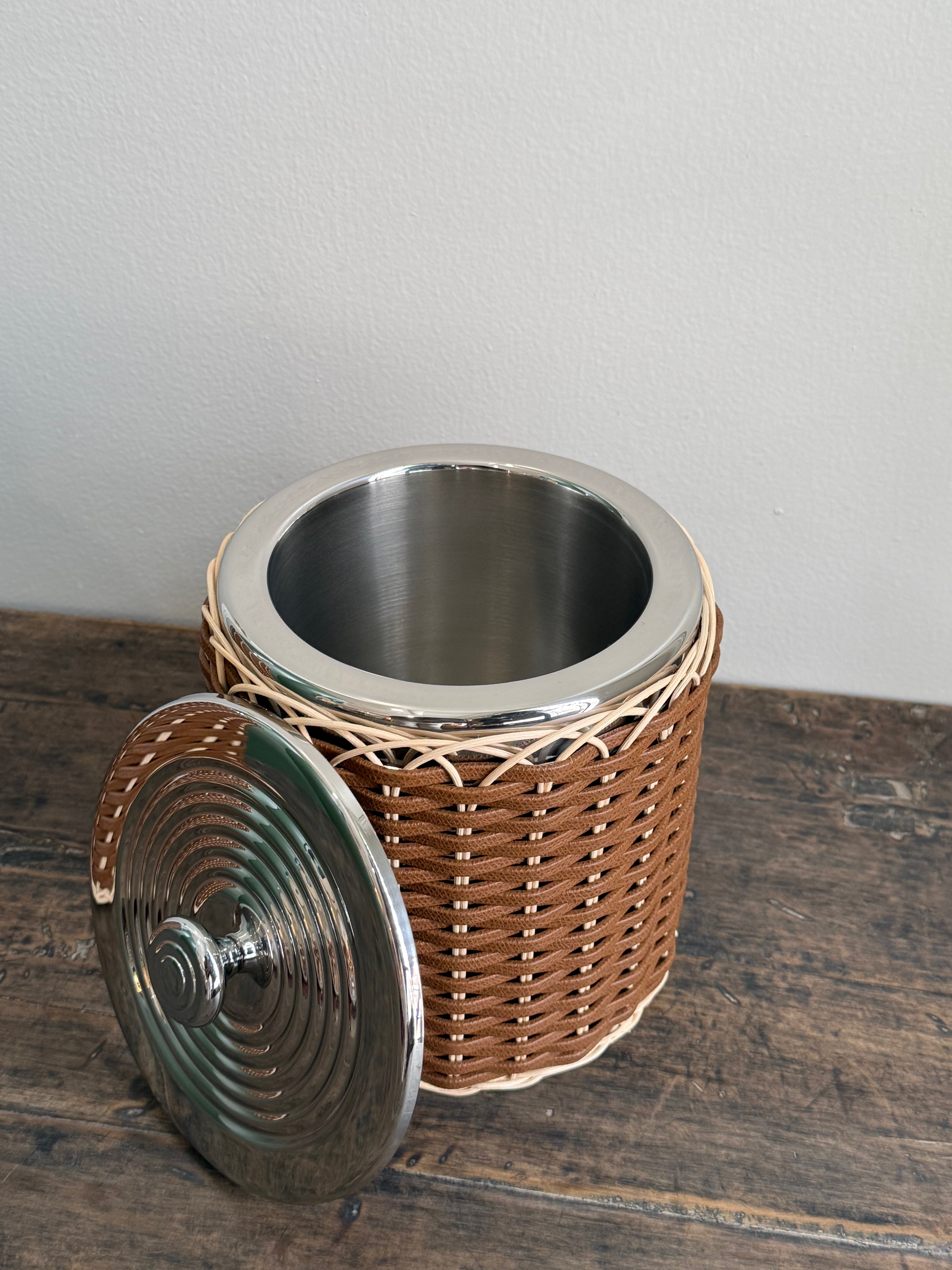 MENTON LEATHER & RATTAN ICE BUCKET SMALL
