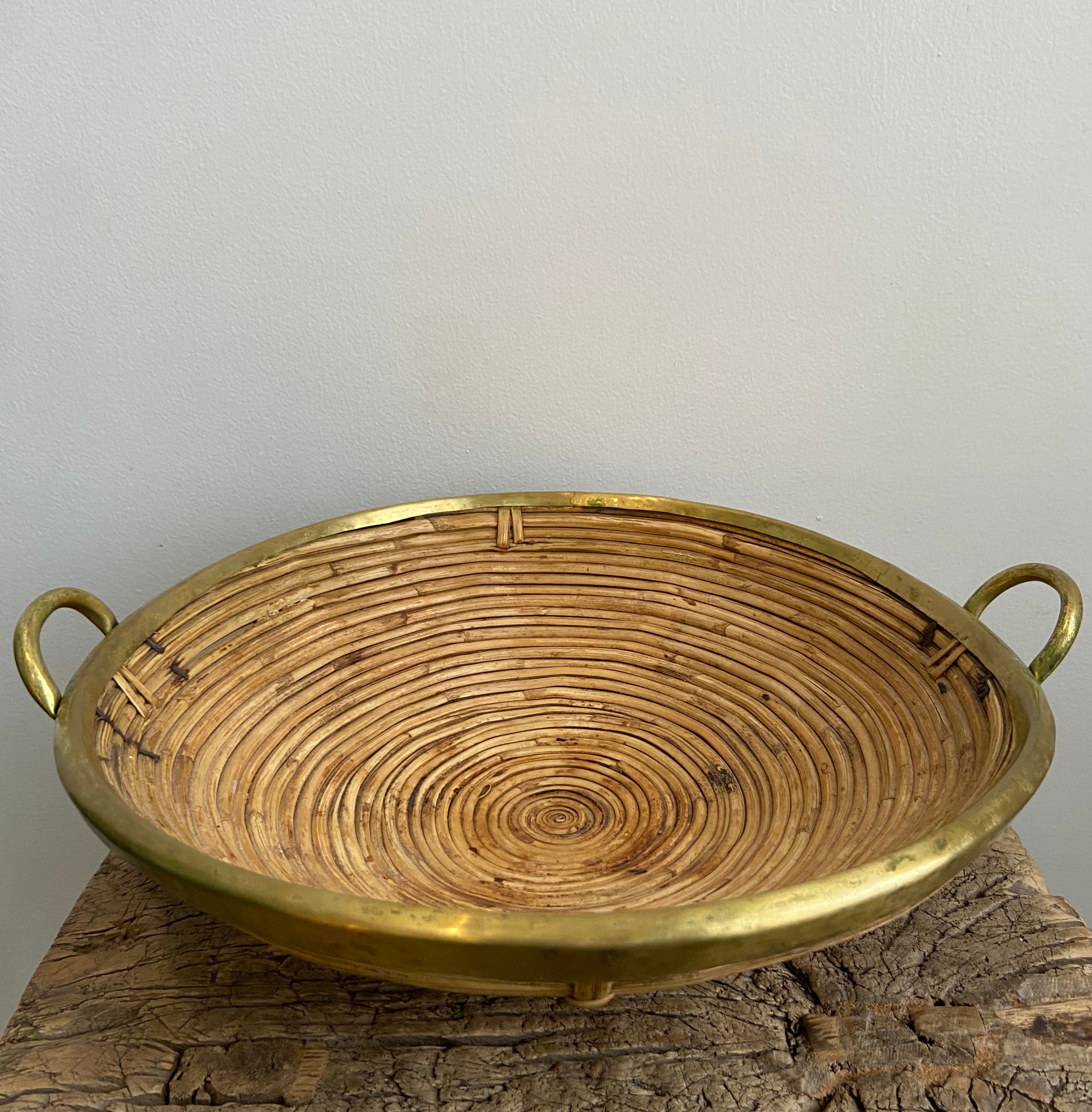 Midcentury Vintage Italian Bamboo and Brass Bowl Basket