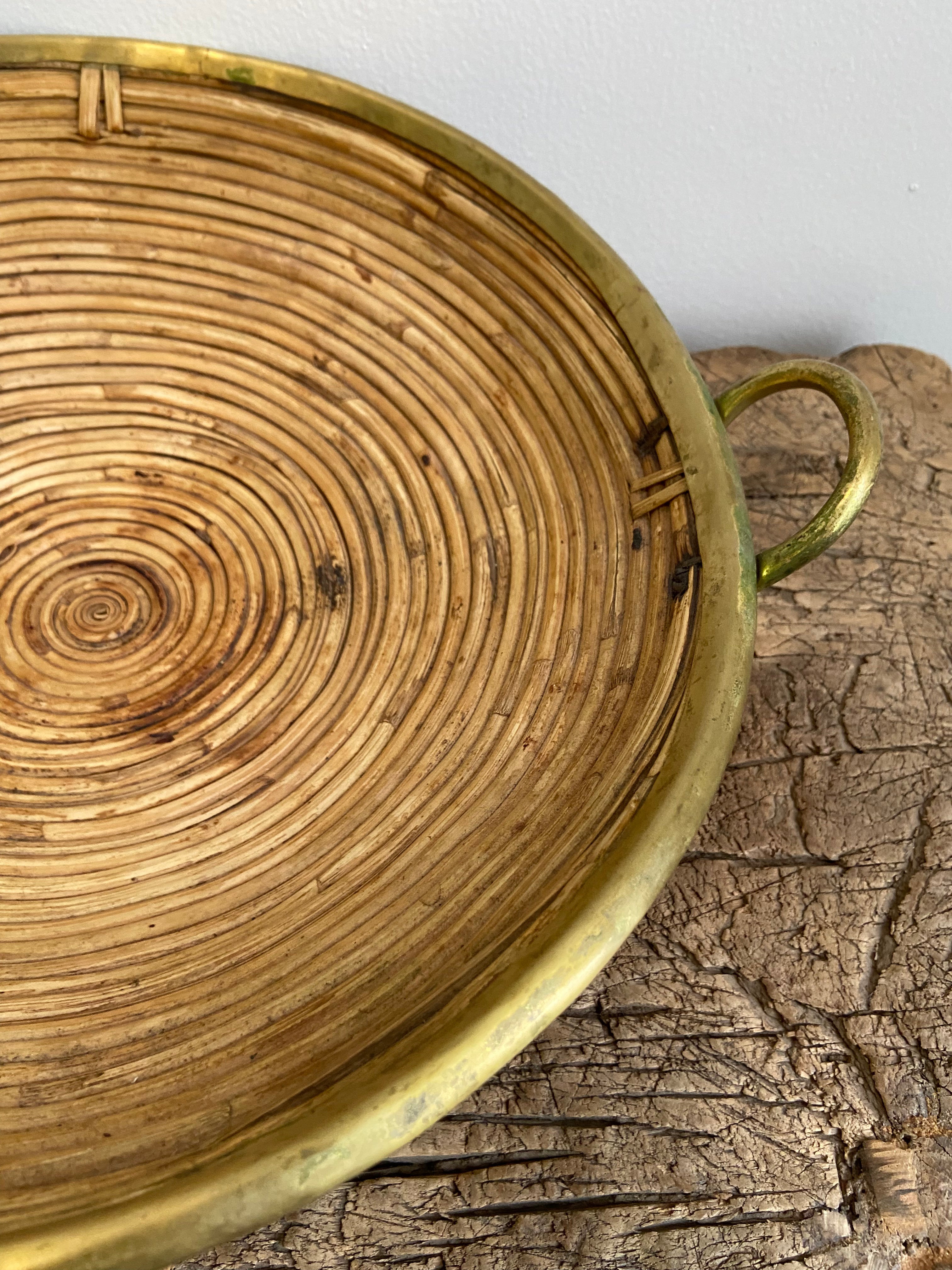 Midcentury Vintage Italian Bamboo and Brass Bowl Basket