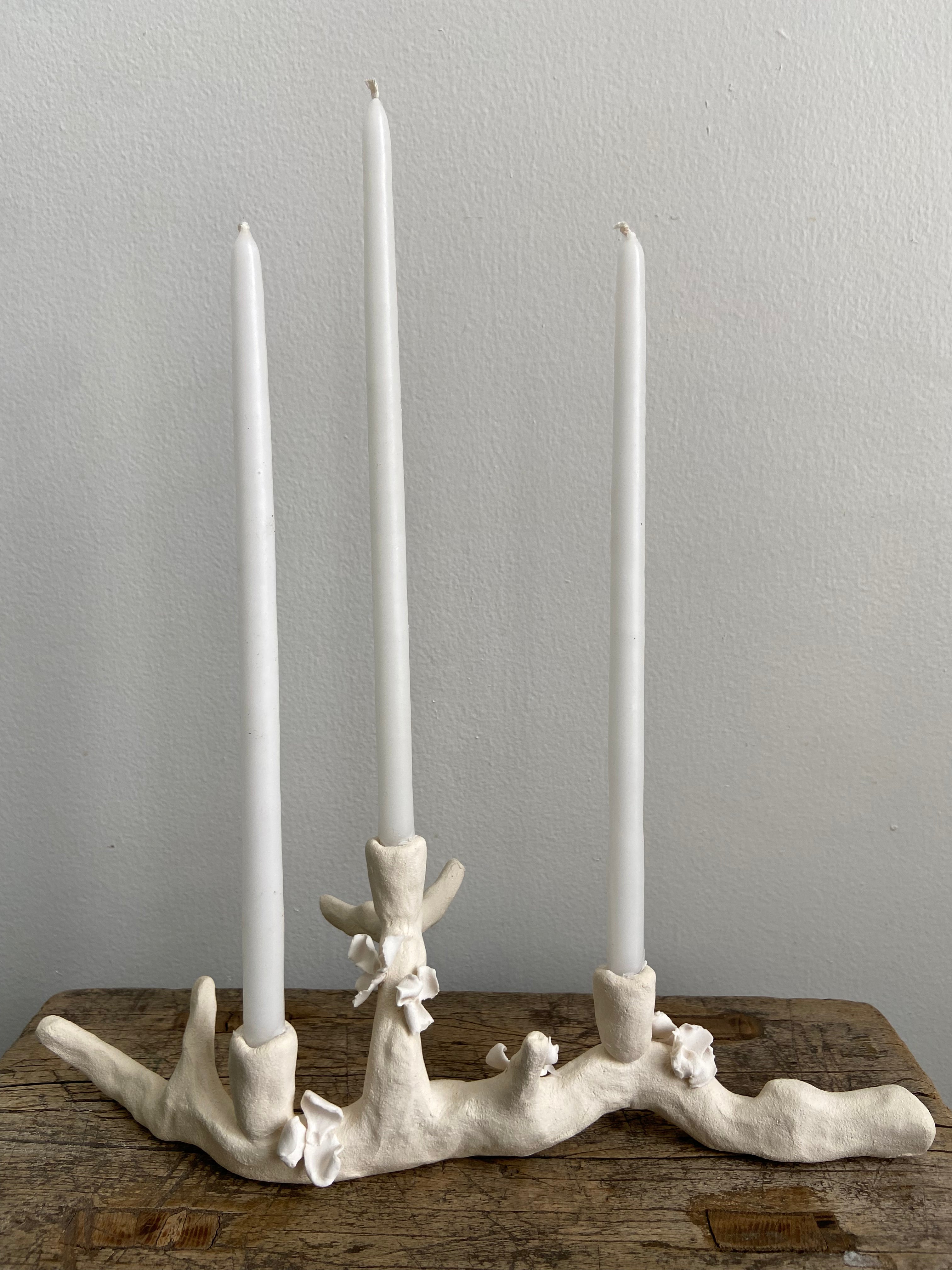Natural White Ceramic Candleholder with Flowers, Medium