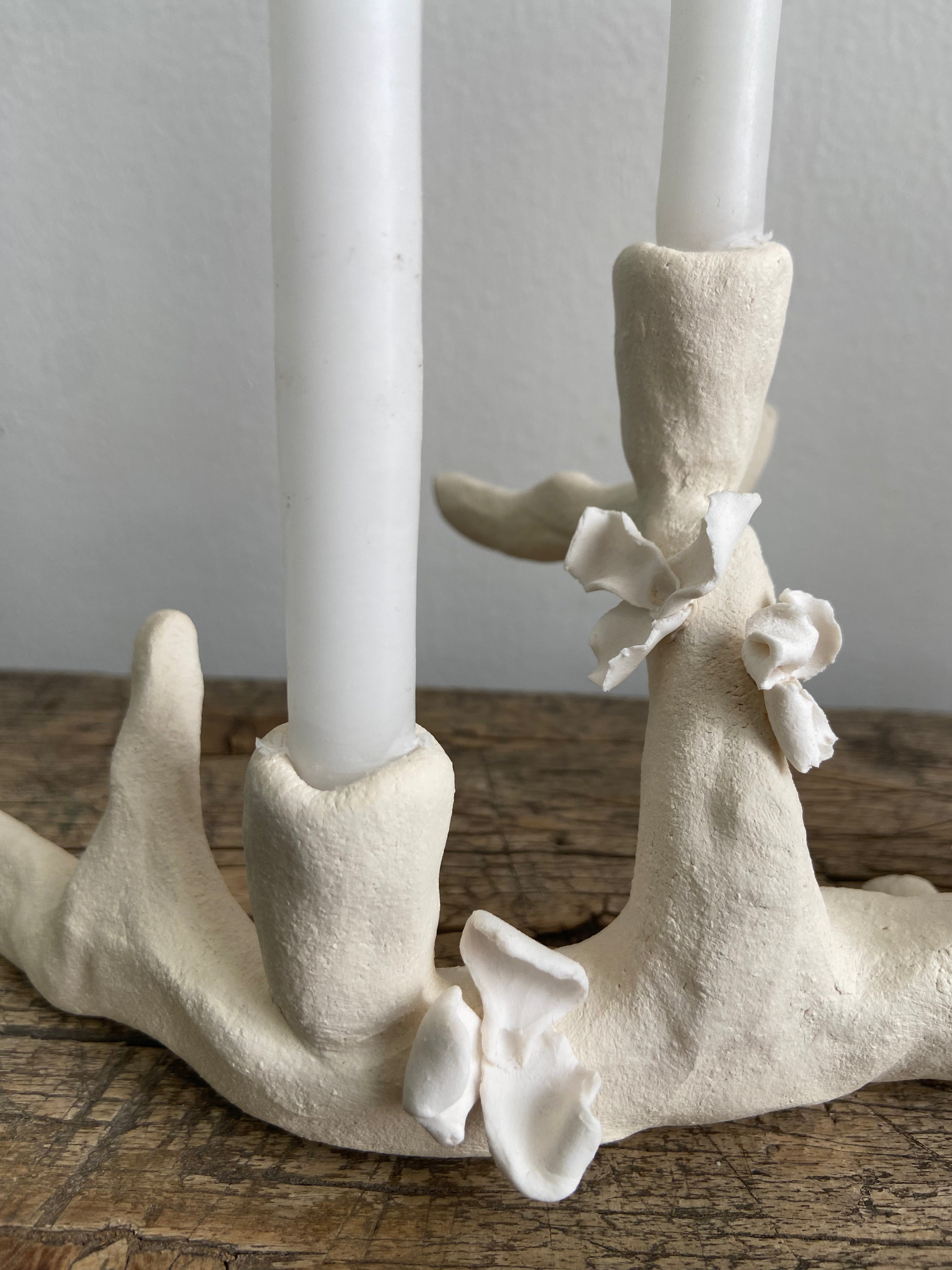 Natural White Ceramic Candleholder with Flowers, Medium