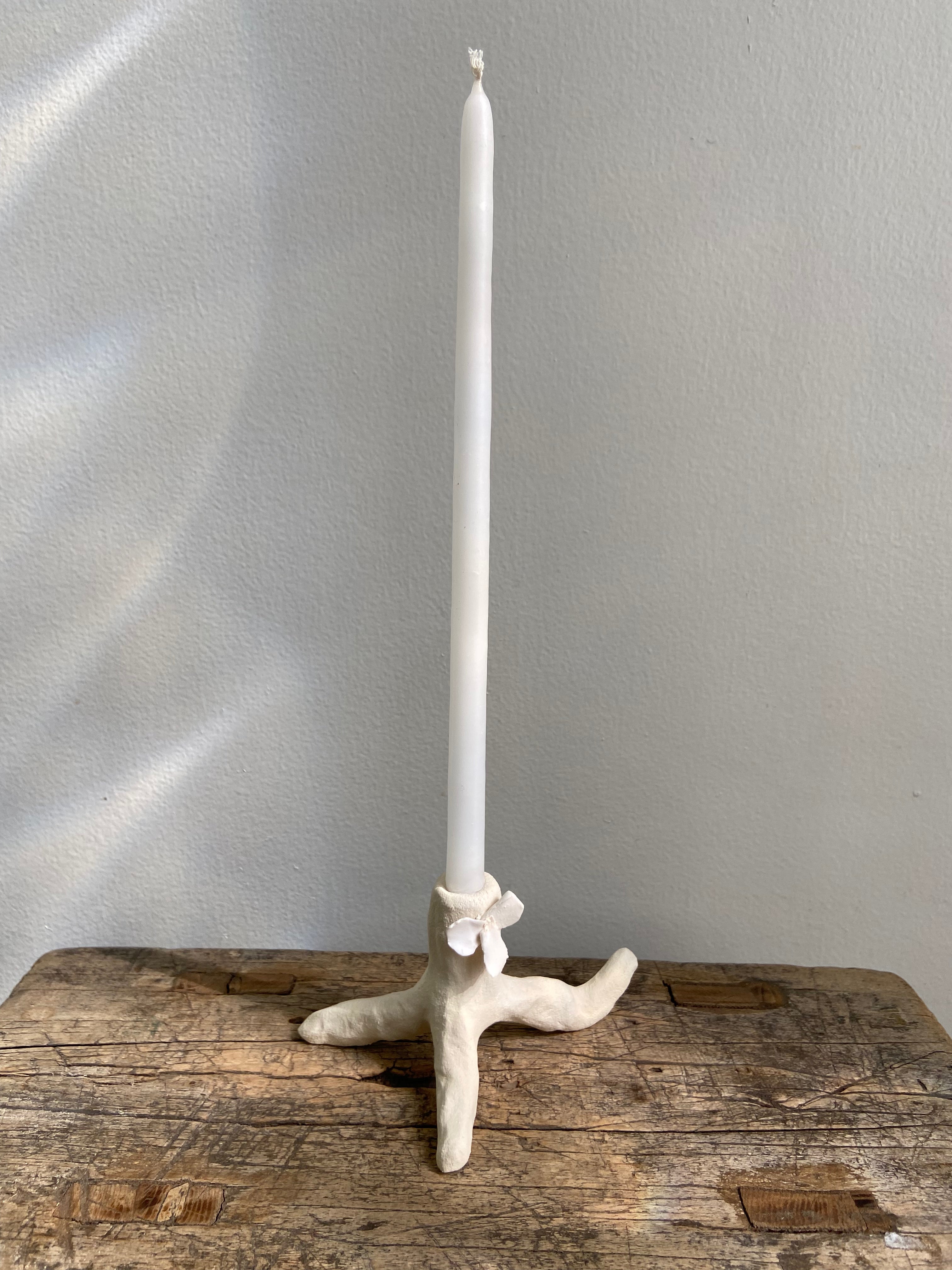 Natural White Ceramic Candleholder with Flowers, Small