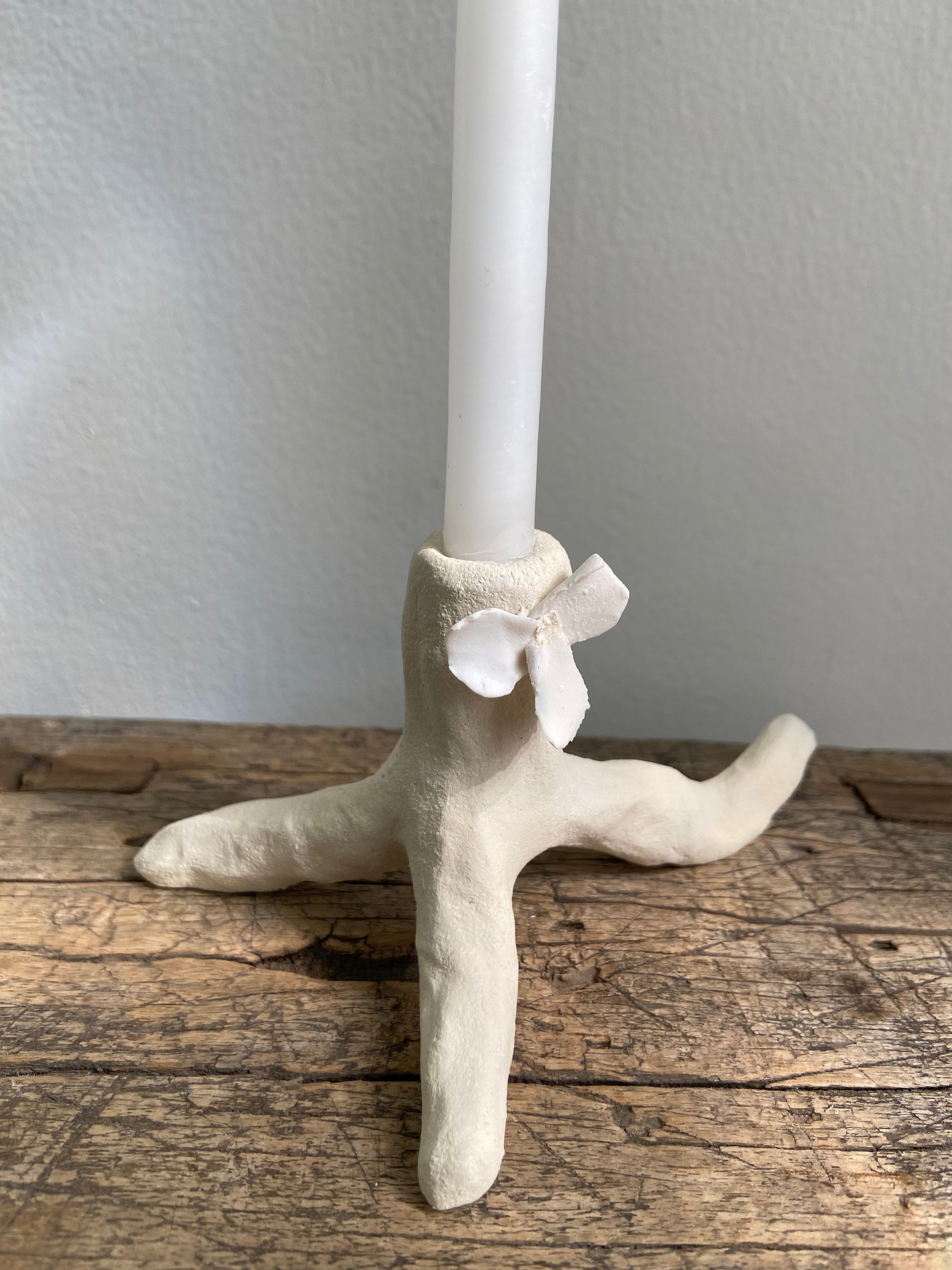 Natural White Ceramic Candleholder with Flowers, Small